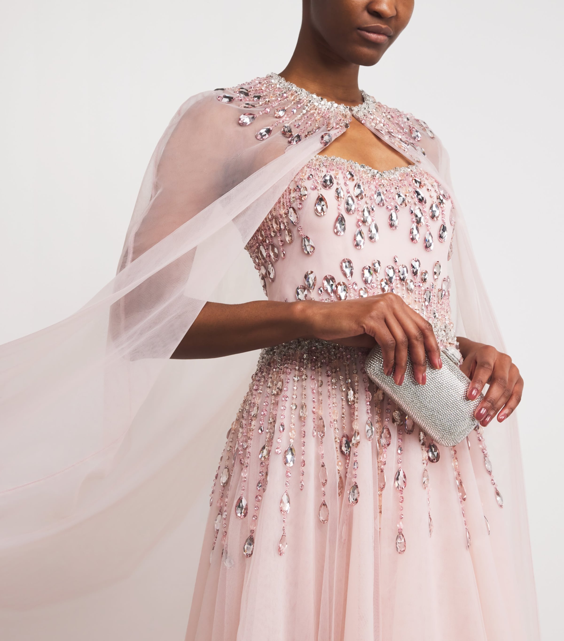 Pamella Roland Womens Tulle Embellished Cape-Detail Gown Pink Multi Image 6