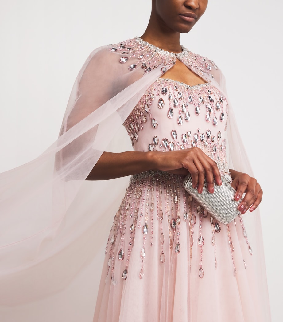 Pamella Roland Womens Tulle Embellished Cape-Detail Gown Pink Multi Image 6