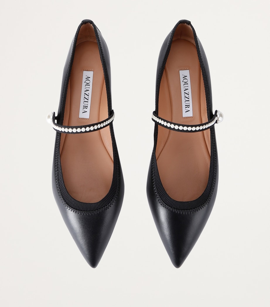 Aquazzura Leather Pearl-Strap Romy Ballet Flats Black Image 4