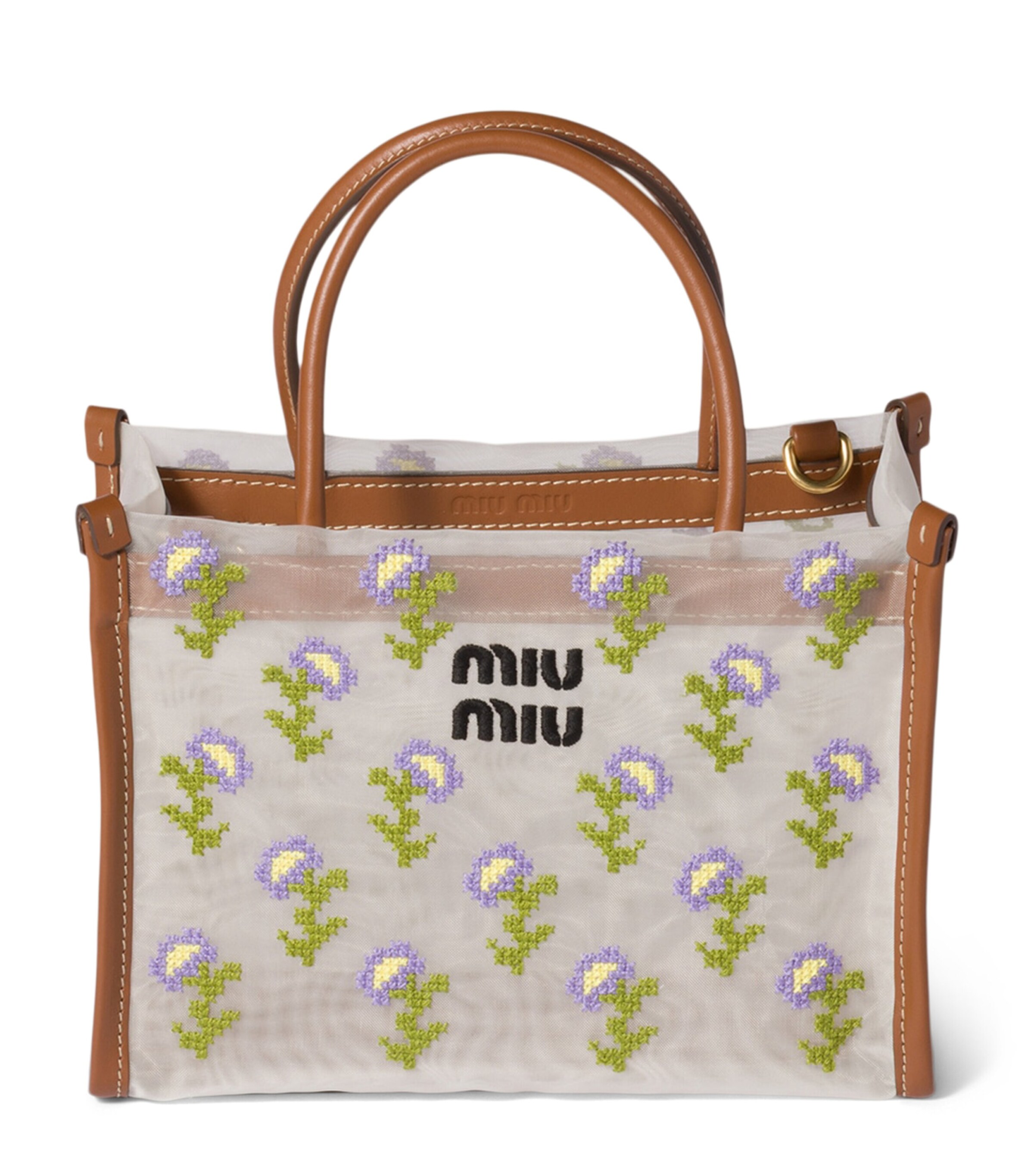 Miu Miu Embroidered Mesh Top-Handle Bag Brown Image 1