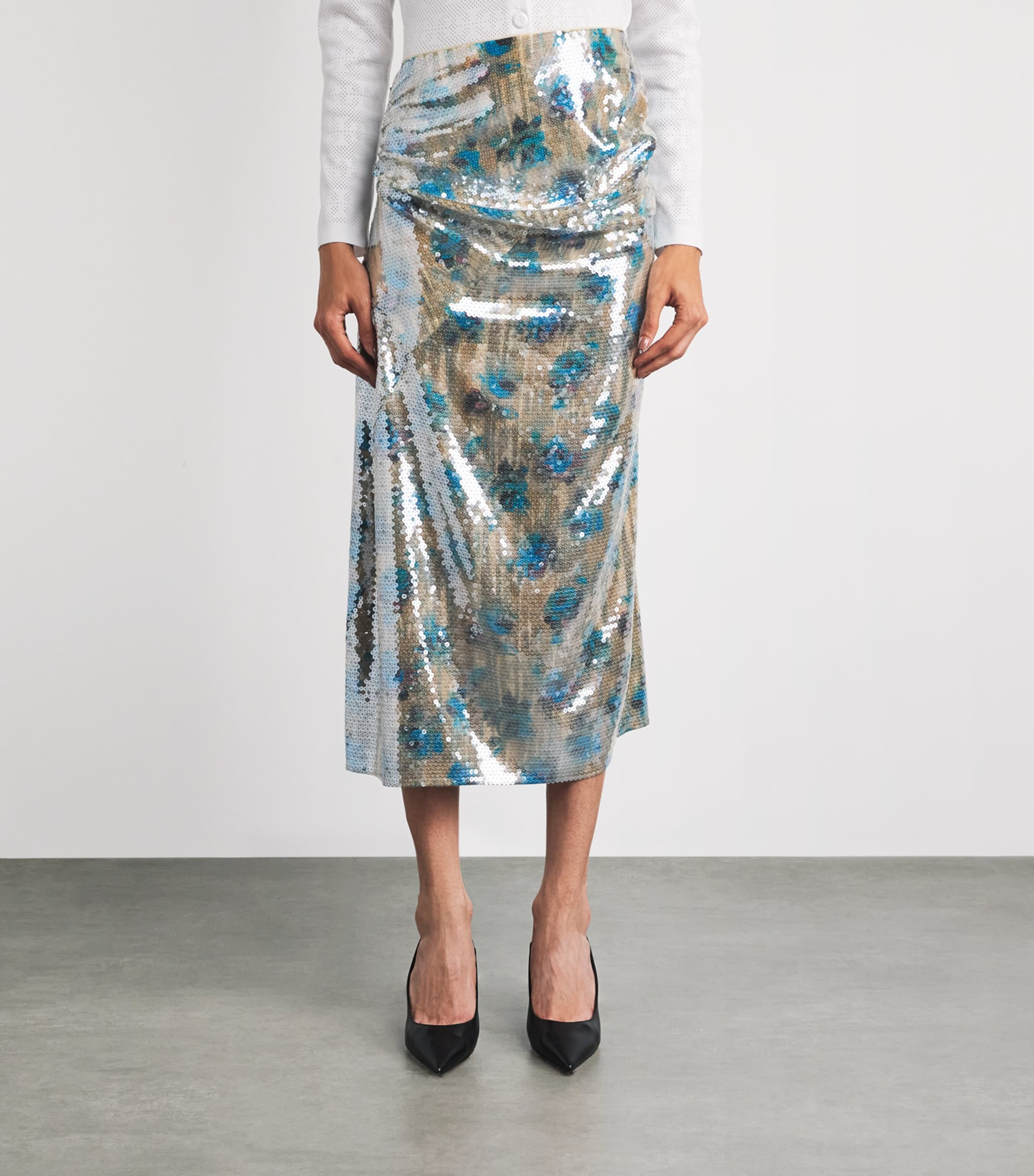 Tory Burch Womens Sequin Midi Skirt Blue Roses Image 4