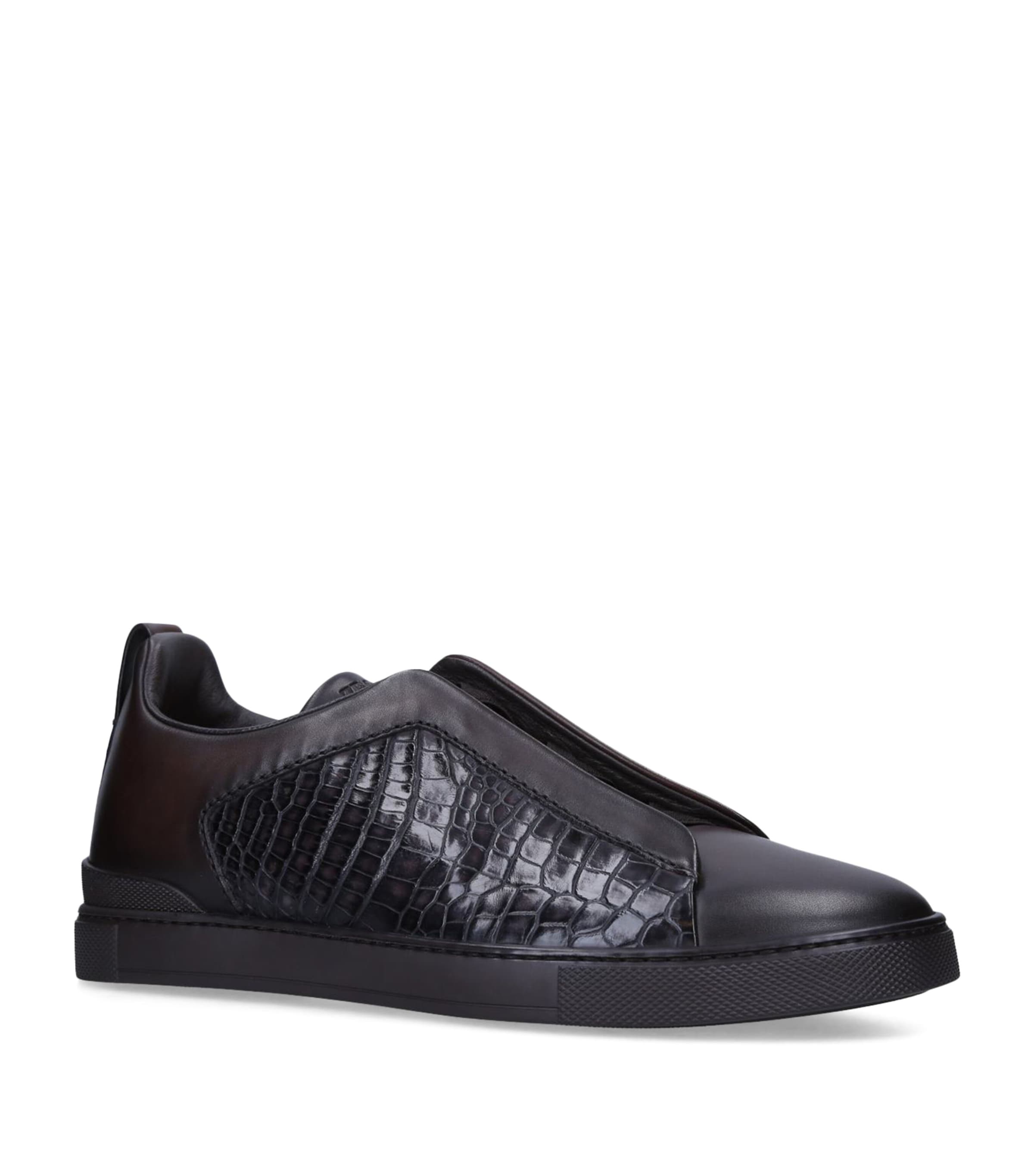 Zegna Crocodile Leather Triple Stitch Sneakers Dark Brown Image 1