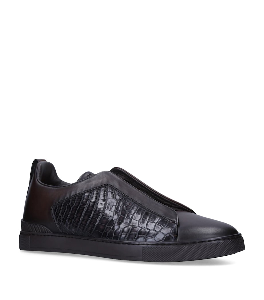 Zegna Crocodile Leather Triple Stitch Sneakers Dark Brown Image 1