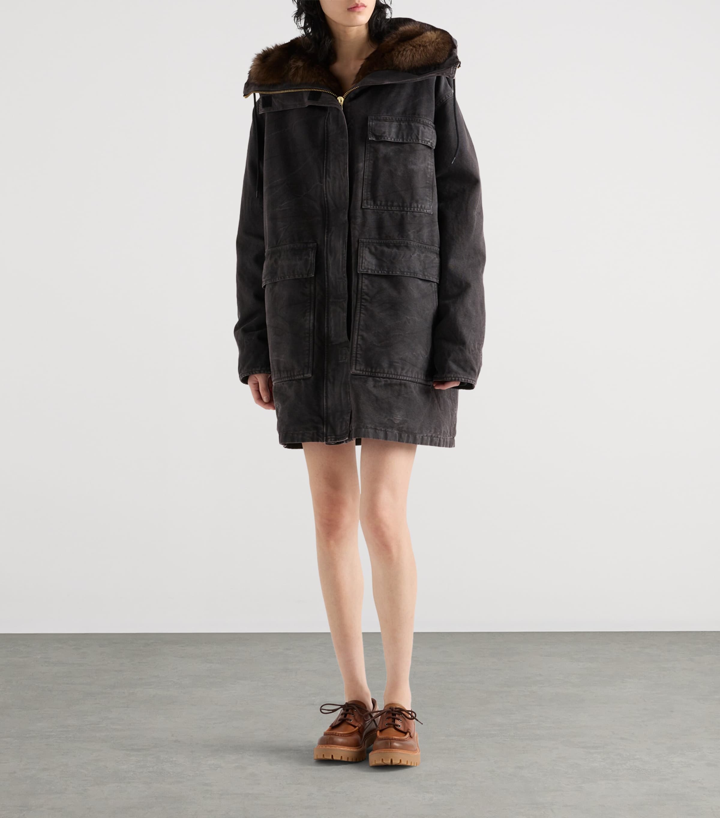 Canvas Shearling-Hood Coat F0002 Image 2