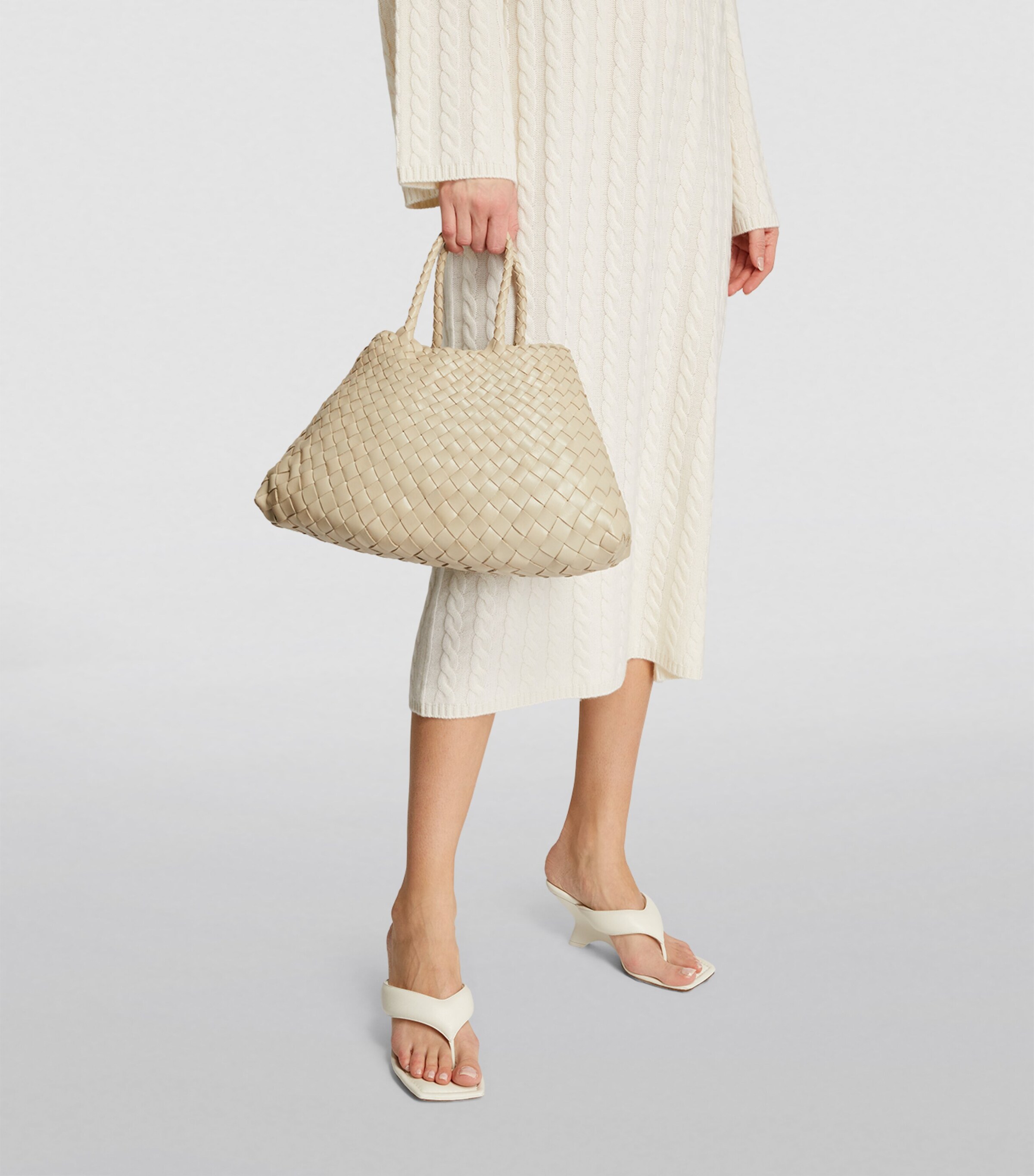 Small Leather Woven Santa Croce Tote Bag PEARL Image 4