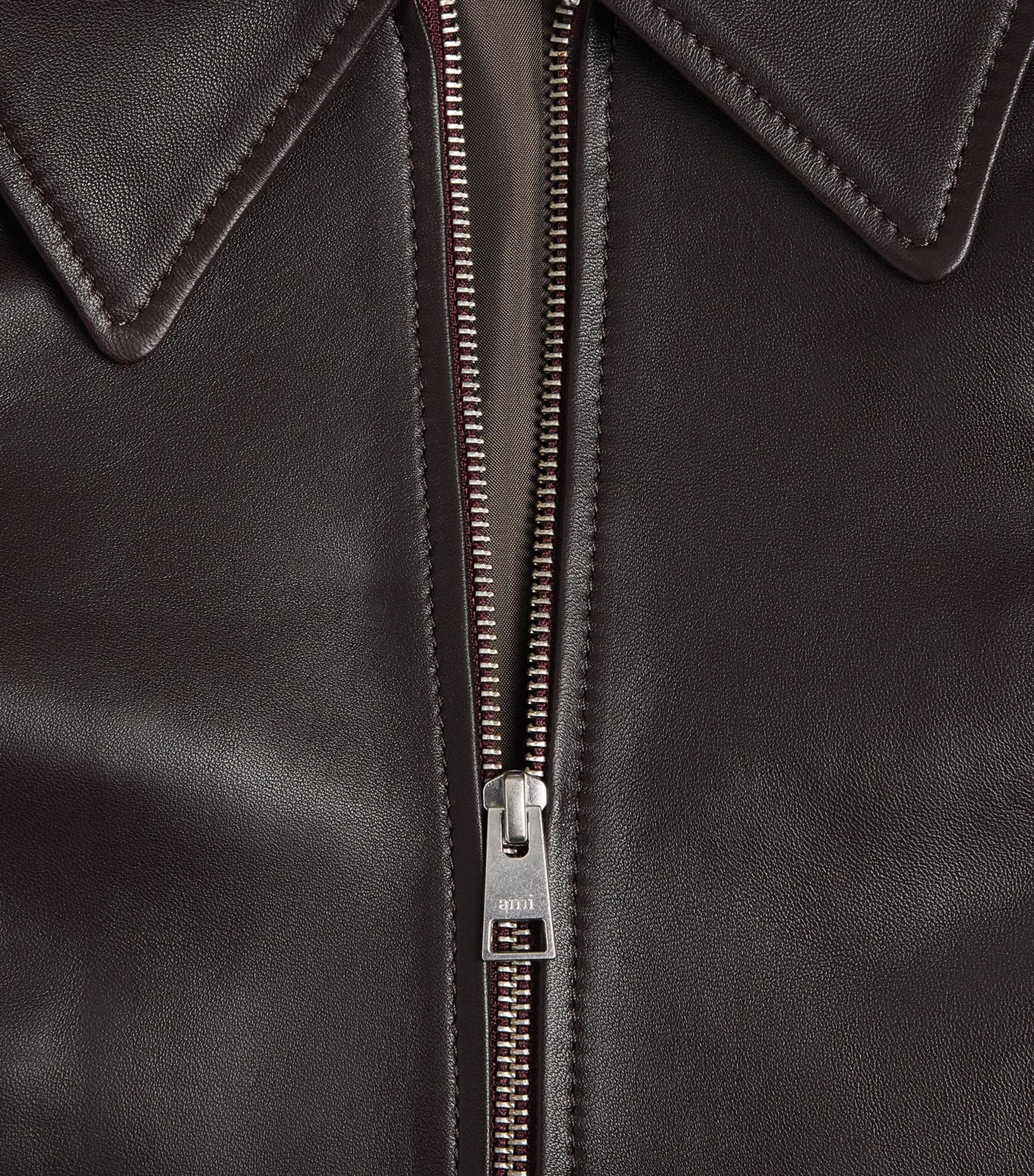 AMI Paris Mens Leather Jacket Cerise Foncee Image 6