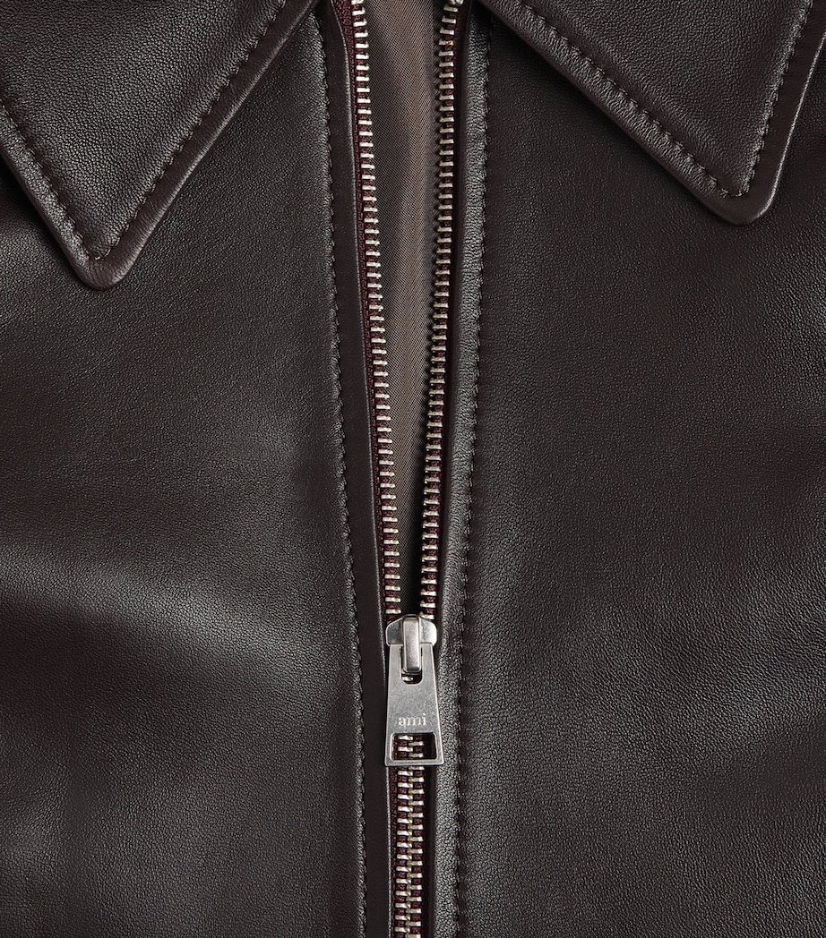 AMI Paris Mens Leather Jacket Cerise Foncee Image 6