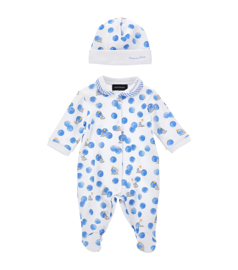 Cotton Seal Print All-In-One and Hat Set (1-9 Months) BIANCO+BLUETTE Image 1