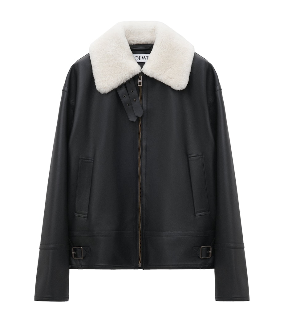 Leather Shearling-Collar Aviator Jacket BLACK Image 1