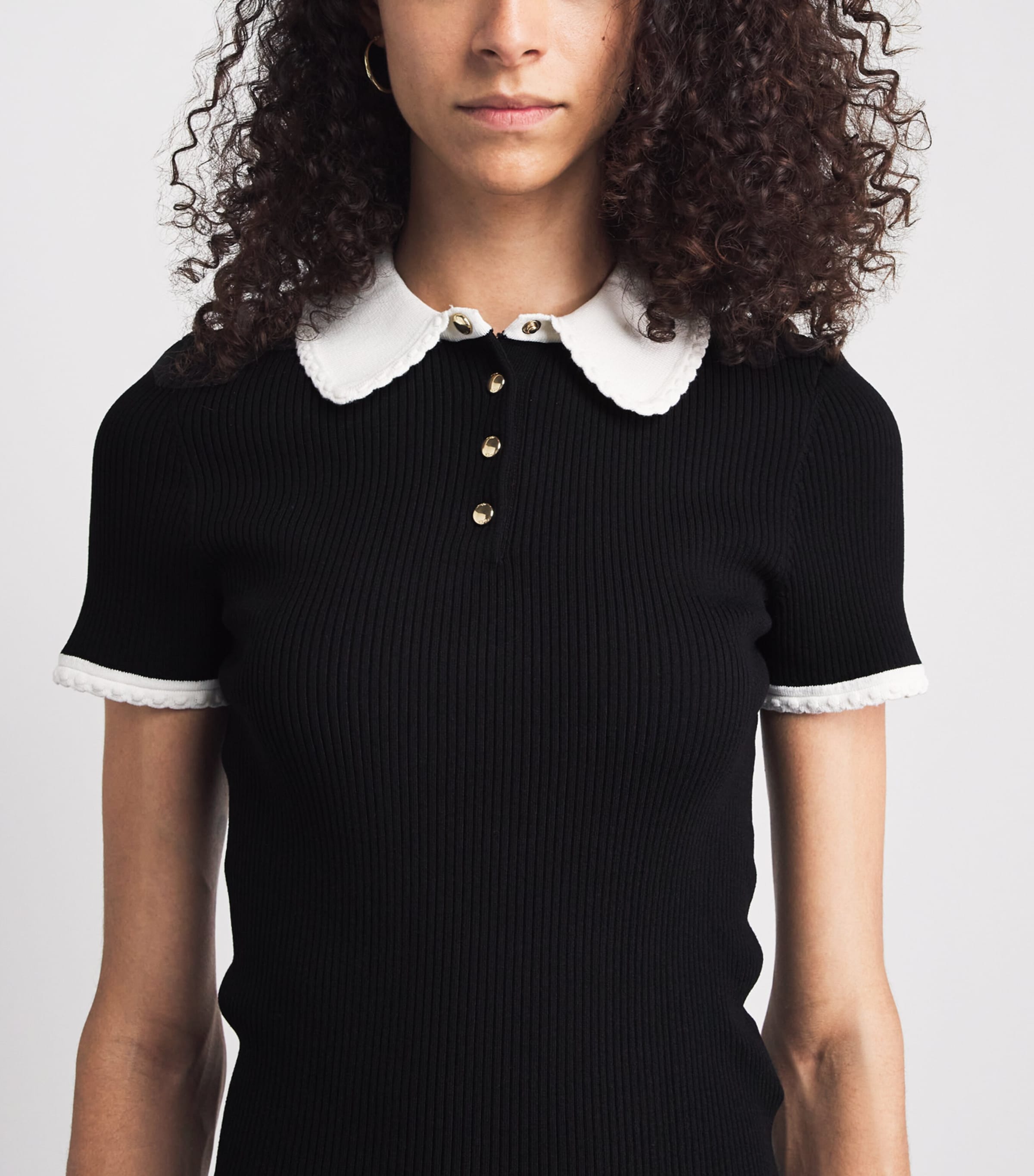 Maje Womens Rib-Knit Polo Shirt Black Image 3