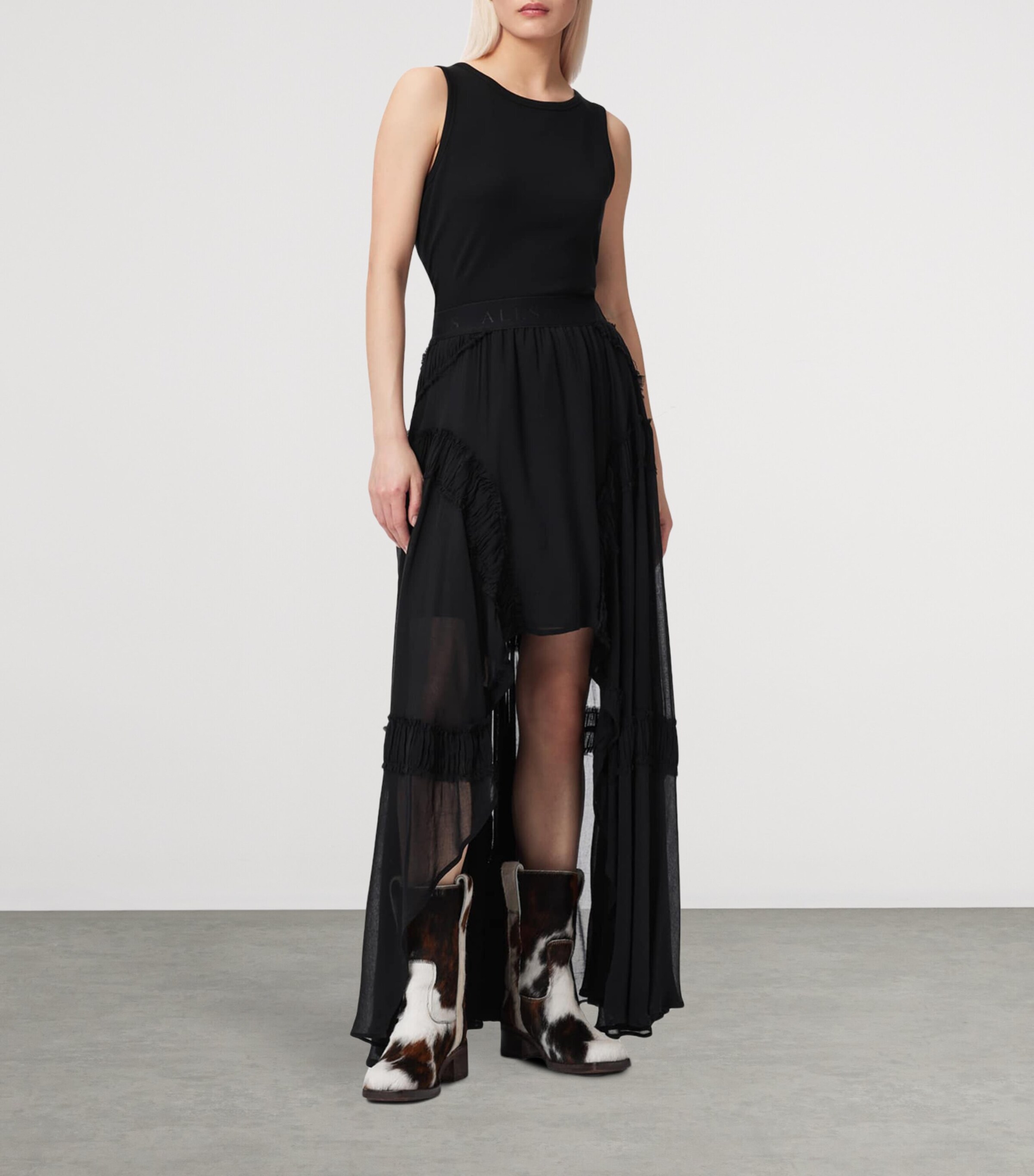 AllSaints Womens Ruched Asymmetric Dorina Maxi Skirt Black Image 7