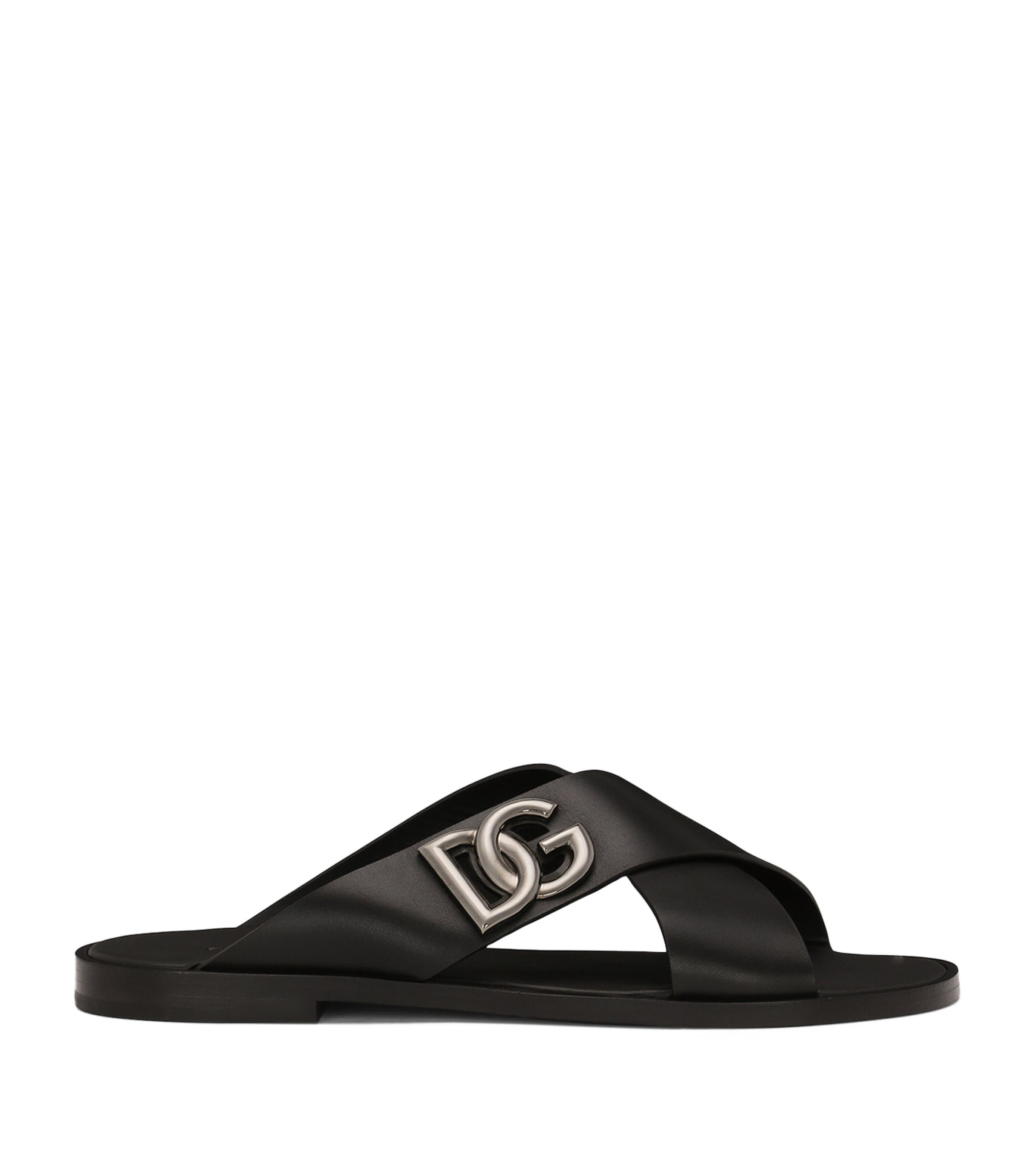 Dolce & Gabbana Leather Logo Cross-Strap Sandals | Holiday Shop | Mens | Sandals | Men Shoes | Sliders | Designers | Dolce & Gabbana