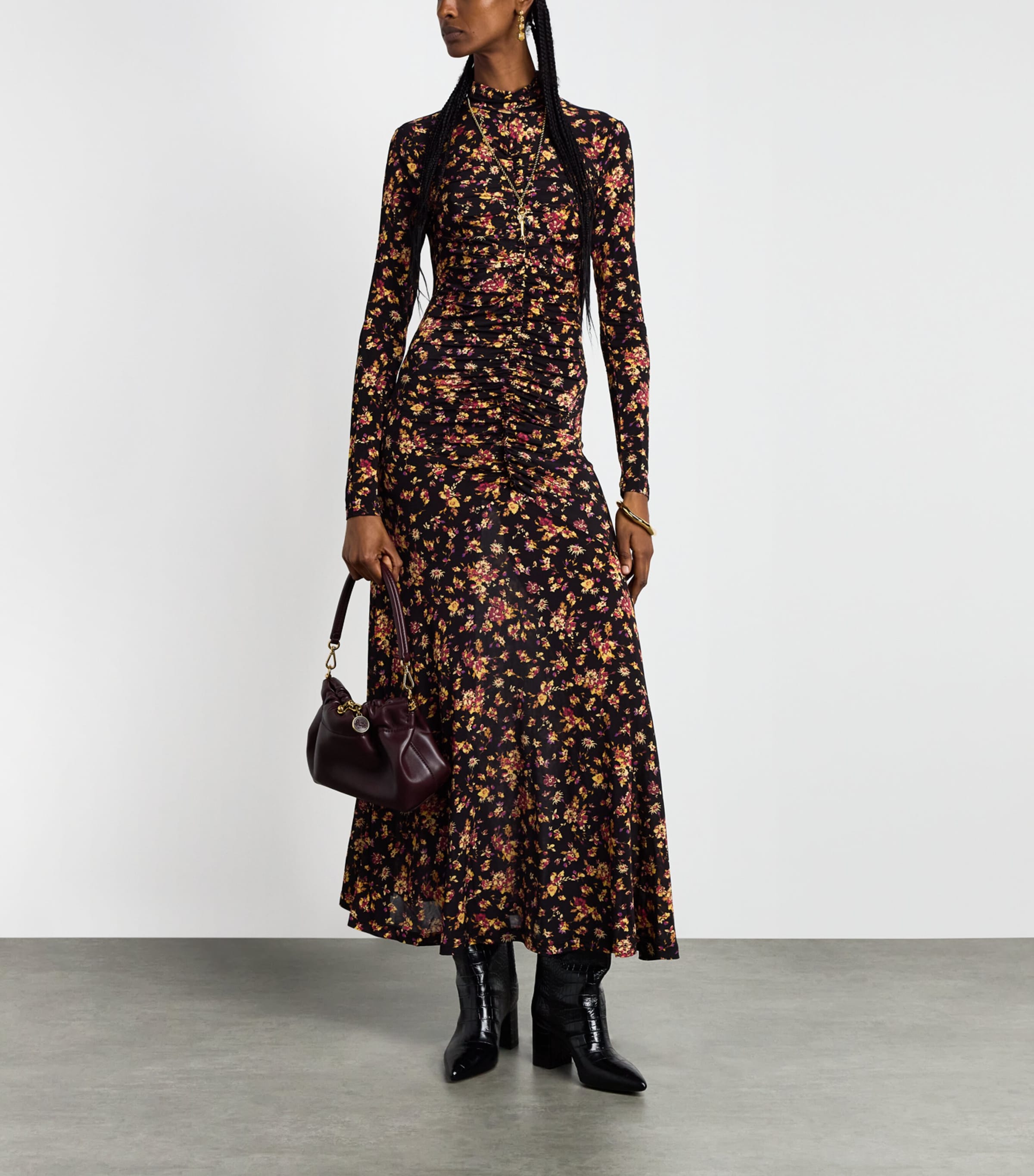 Ulla Johnson Womens Gathered Floral Midi Dress Noir Floral Image 2