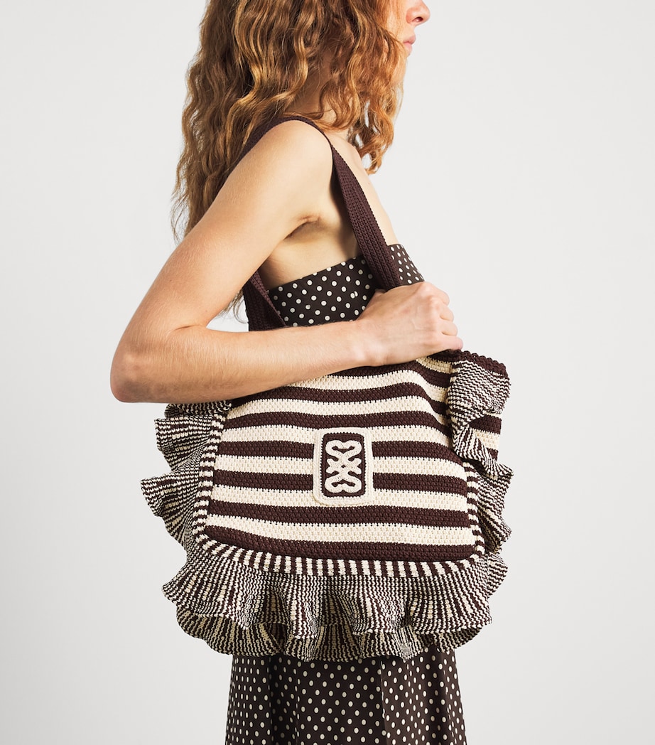 Sandro Paris Crochet Stripe Tote Bag Ecru / Brown Image 2