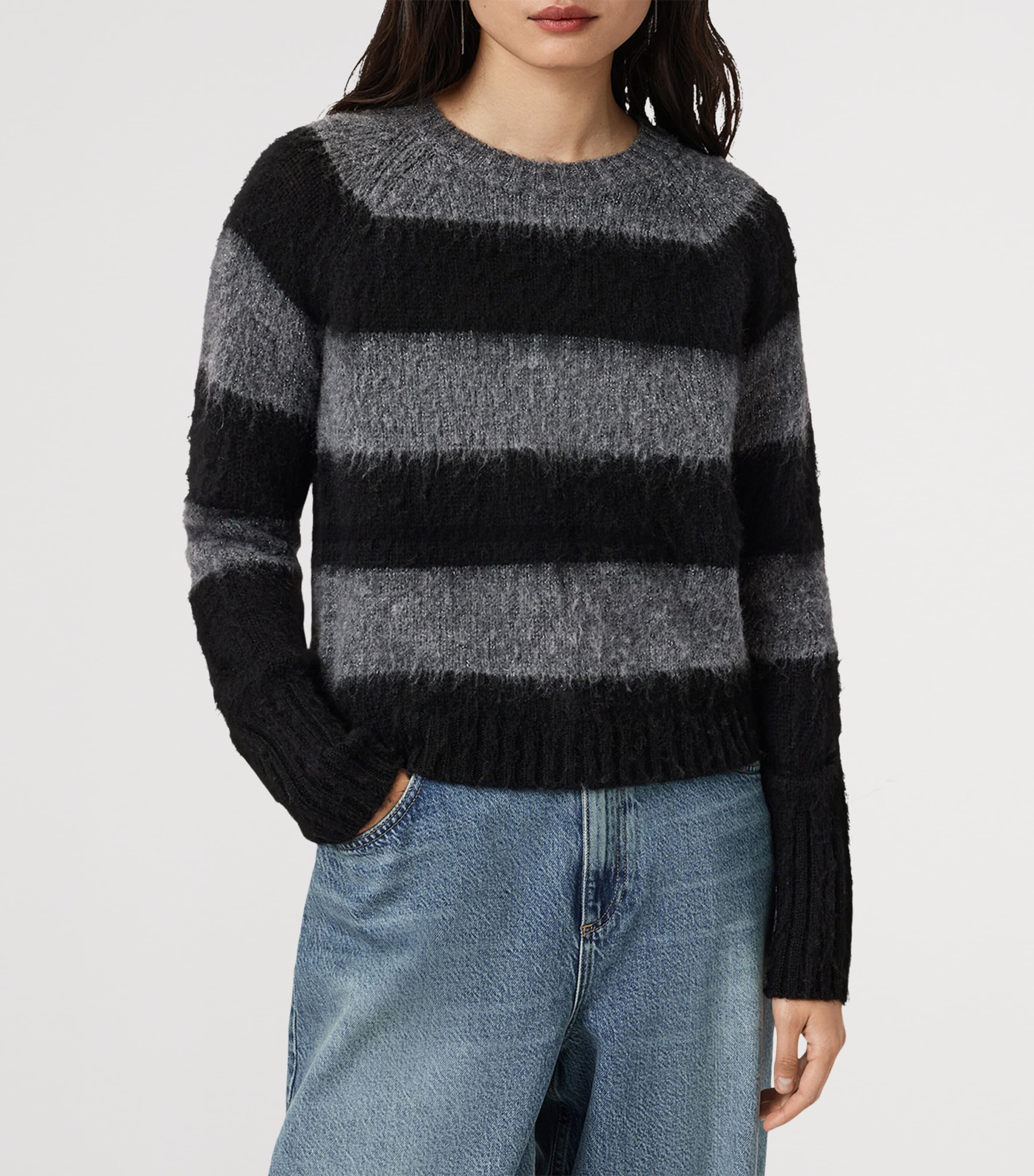 AllSaints Womens Stripe Crew-Neck Sweater Black/grey Image 6