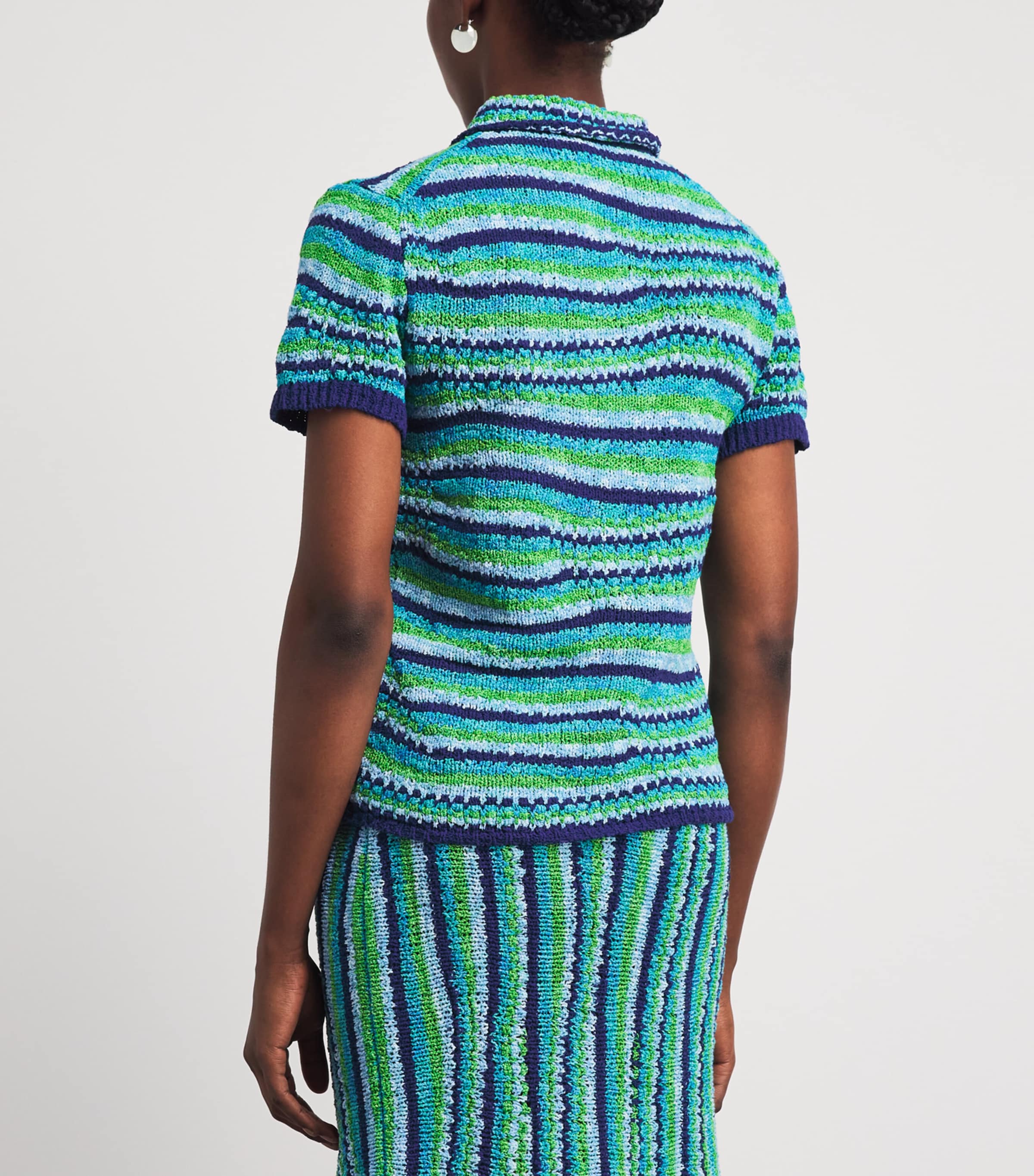 Tory Burch Womens Knitted Stripe Polo Shirt Ocn/lght Blu/grn Image 5