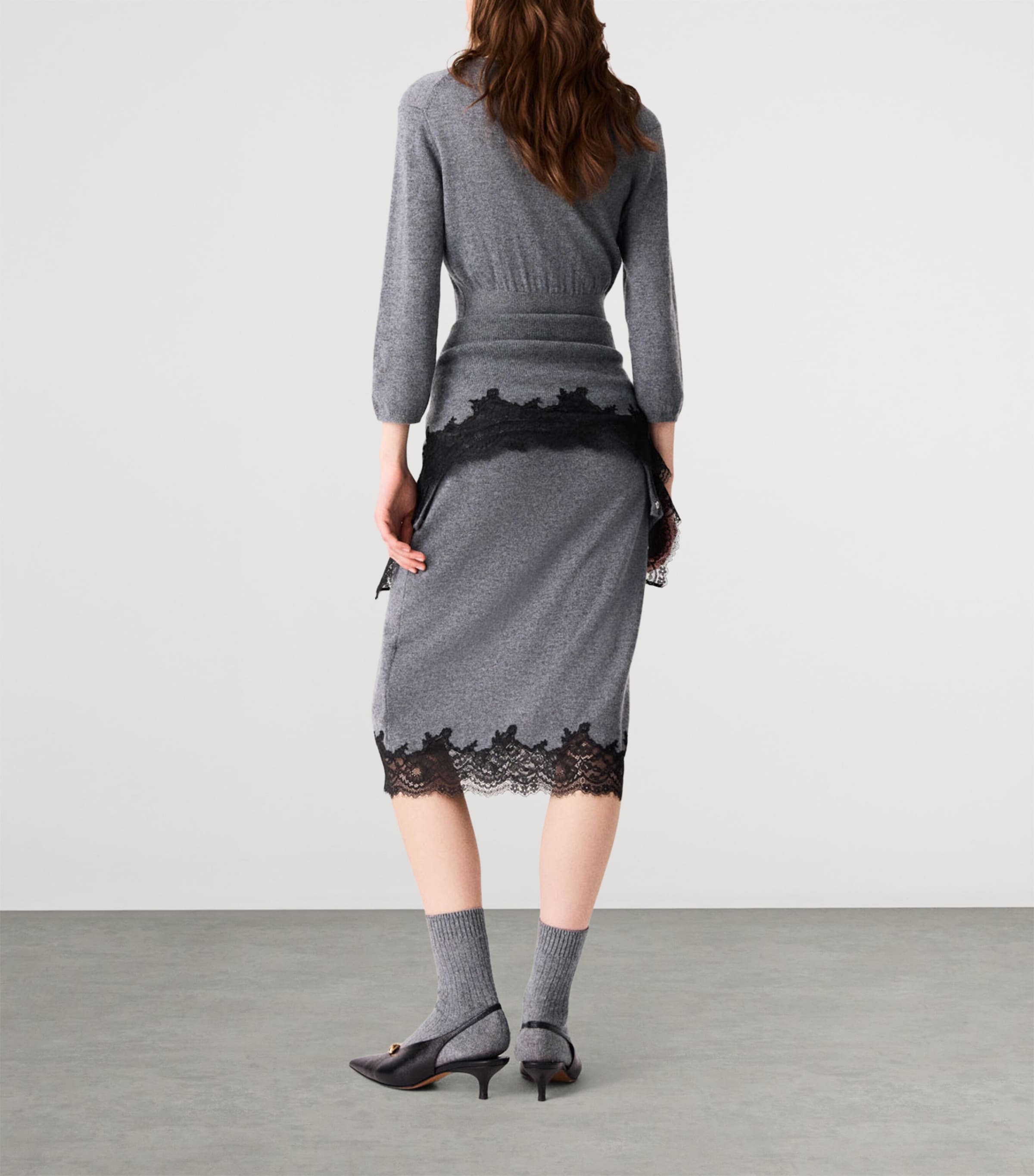 Maje Womens Wool Lace-Trim Midi Dress Grey/black Image 4
