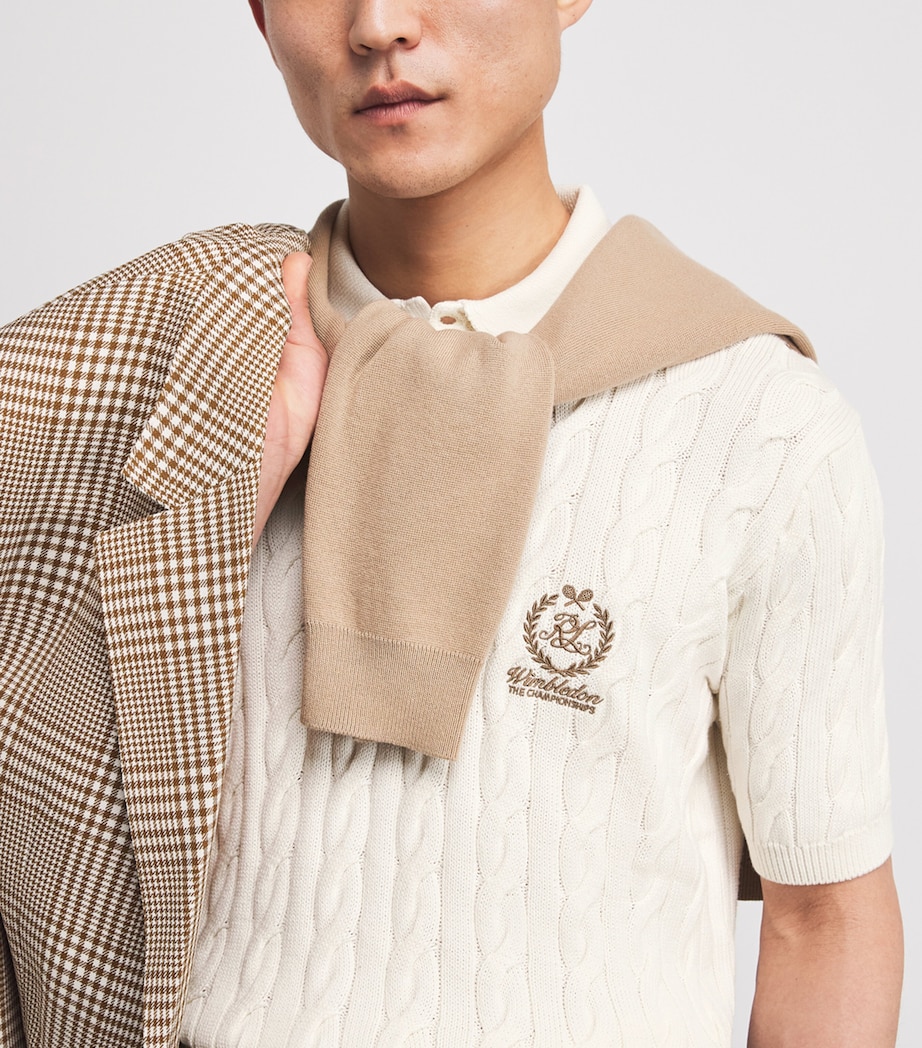 Ralph Lauren Purple Label Mens x Wimbledon Cotton-Blend Cable-Knit Polo Shirt Cream Image 3