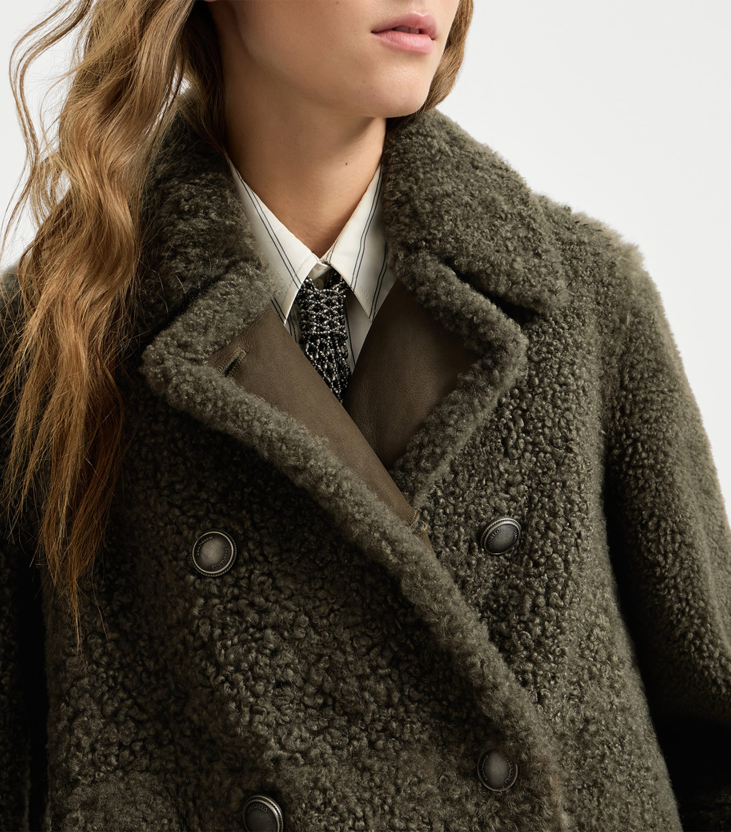 Brunello Cucinelli Womens Shearling Pea Coat Grigio Militare Image 6