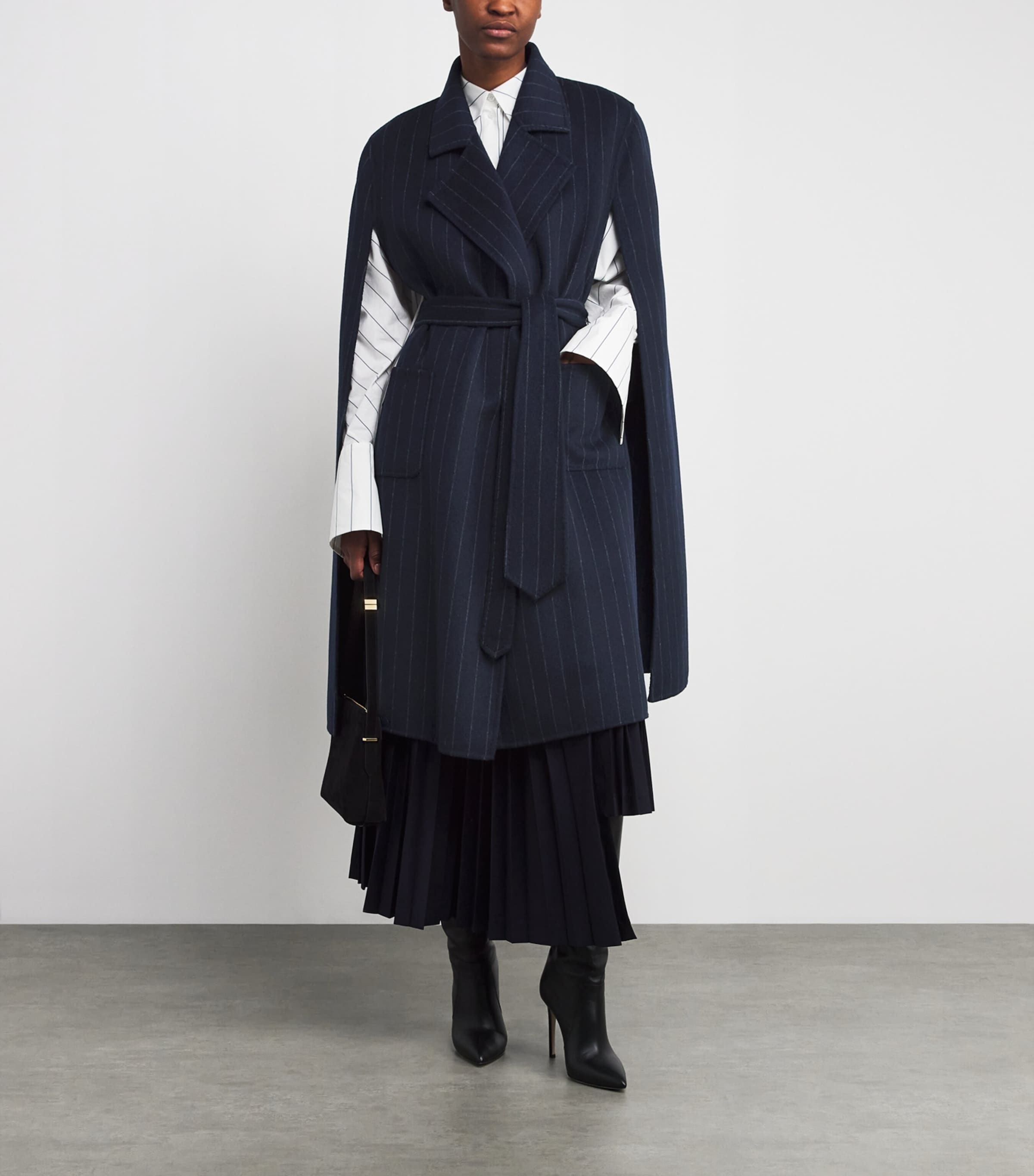 Cashmere Pinstripe Tie-Waist Cape Coat NAVY CHALK STRIPE Image 2