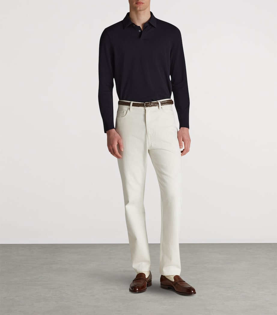 Cotton-Silk Piqué Long-Sleeve Polo Shirt 416HOUSE NAVY Image 2