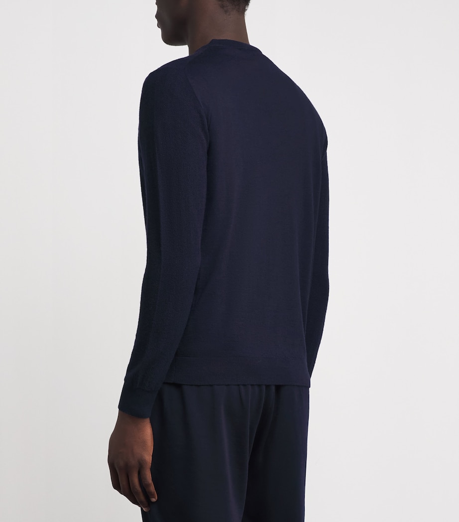 Sease Mens Wool, Silk and Cashmere Herringbone Henley Top Midnight Blue Image 5