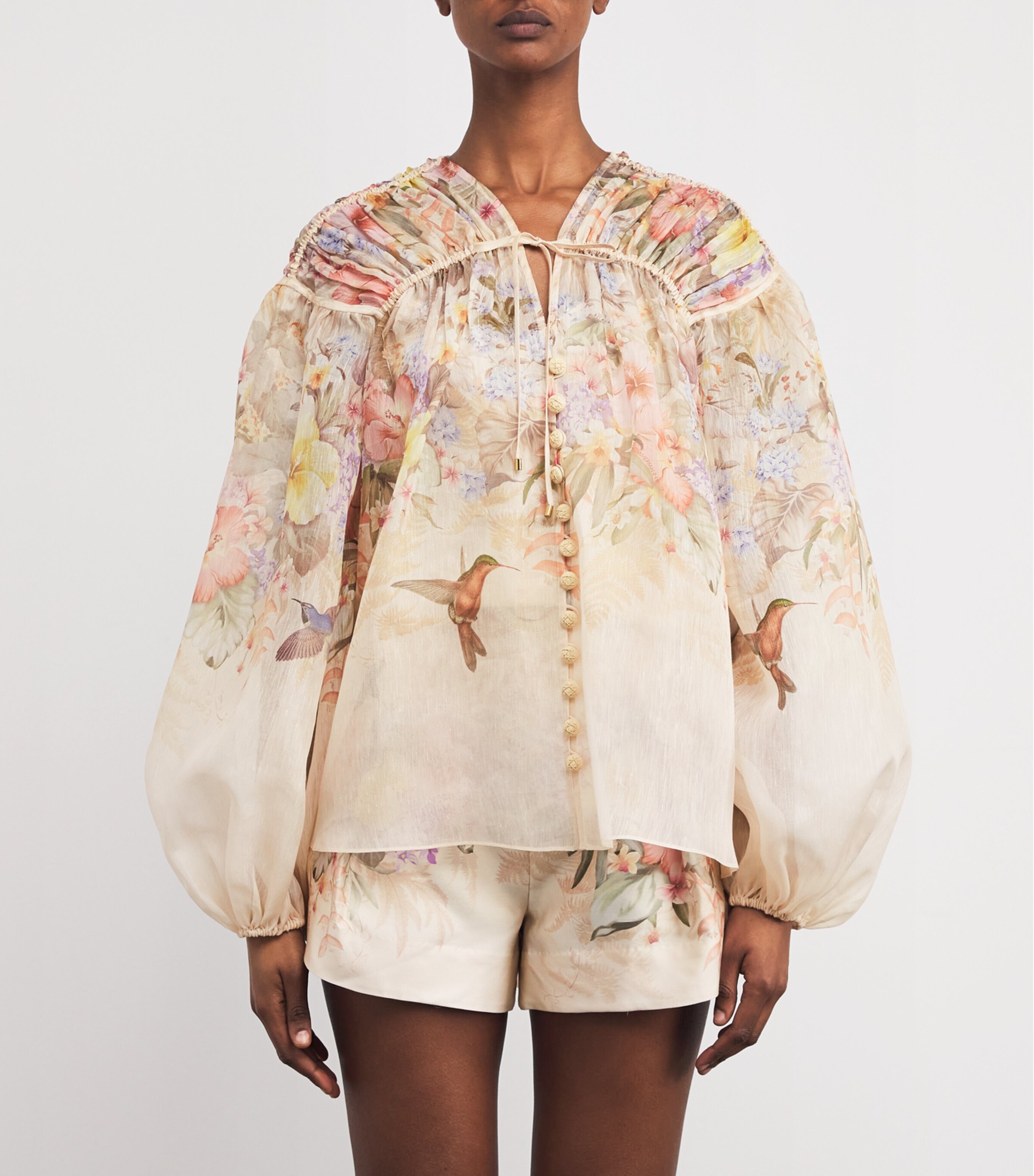 Linen-Silk Drawstring Blouse IVORY TROPICAL Image 3