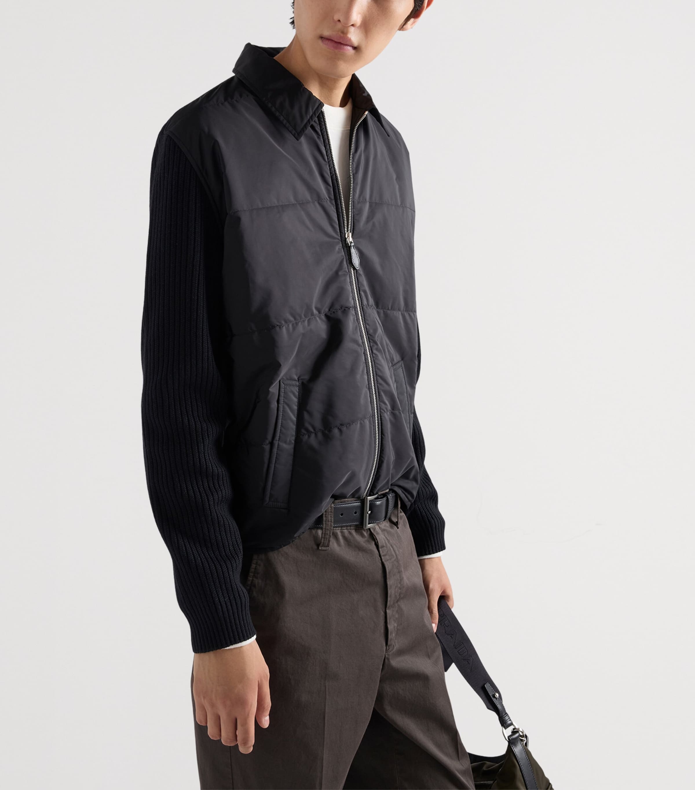 Prada Mens Wool-Sleeve Re-Nylon Jacket Black Image 3
