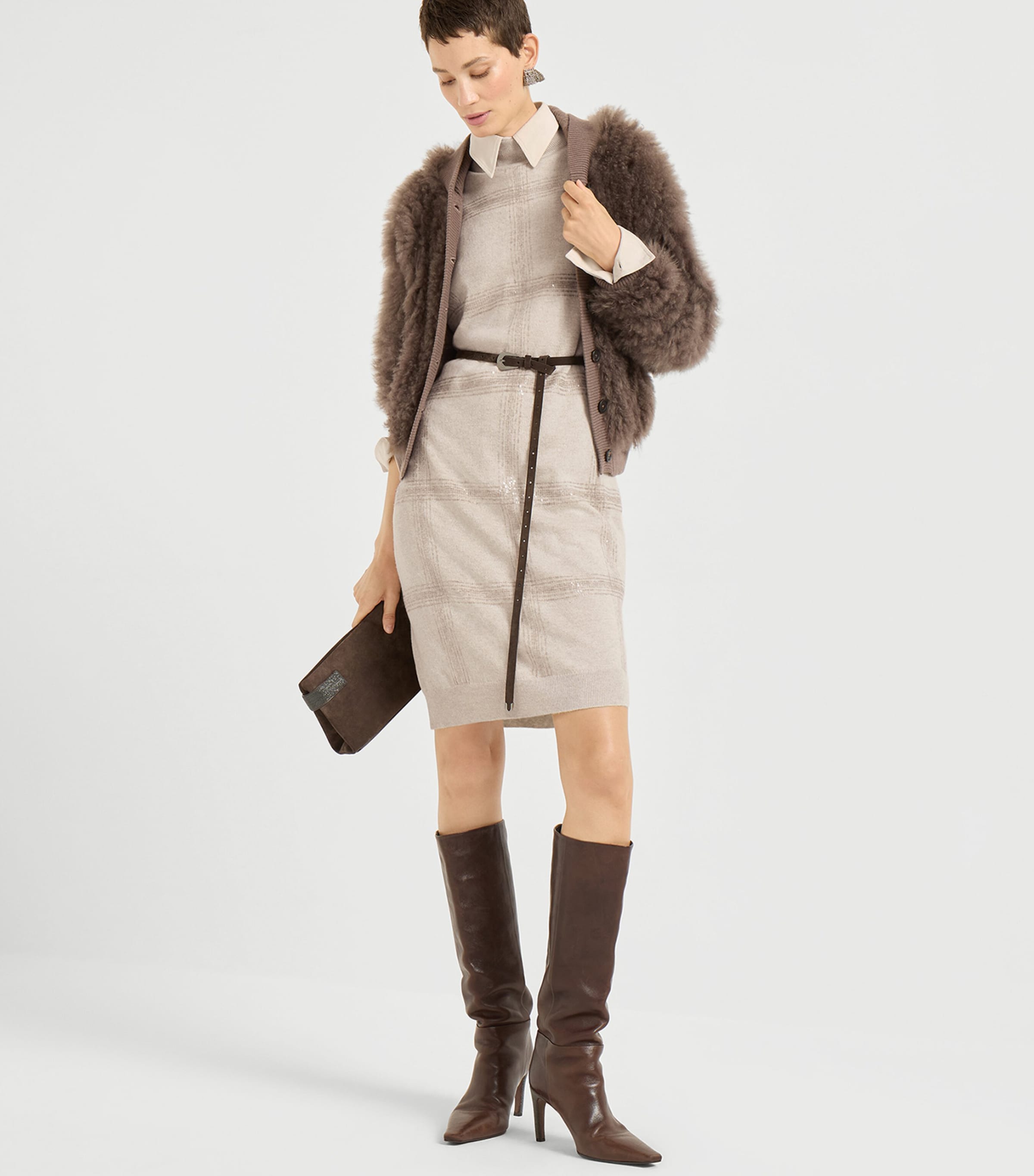 Brunello Cucinelli Brown Cashmere-Shearling Cardigan | Harrods US