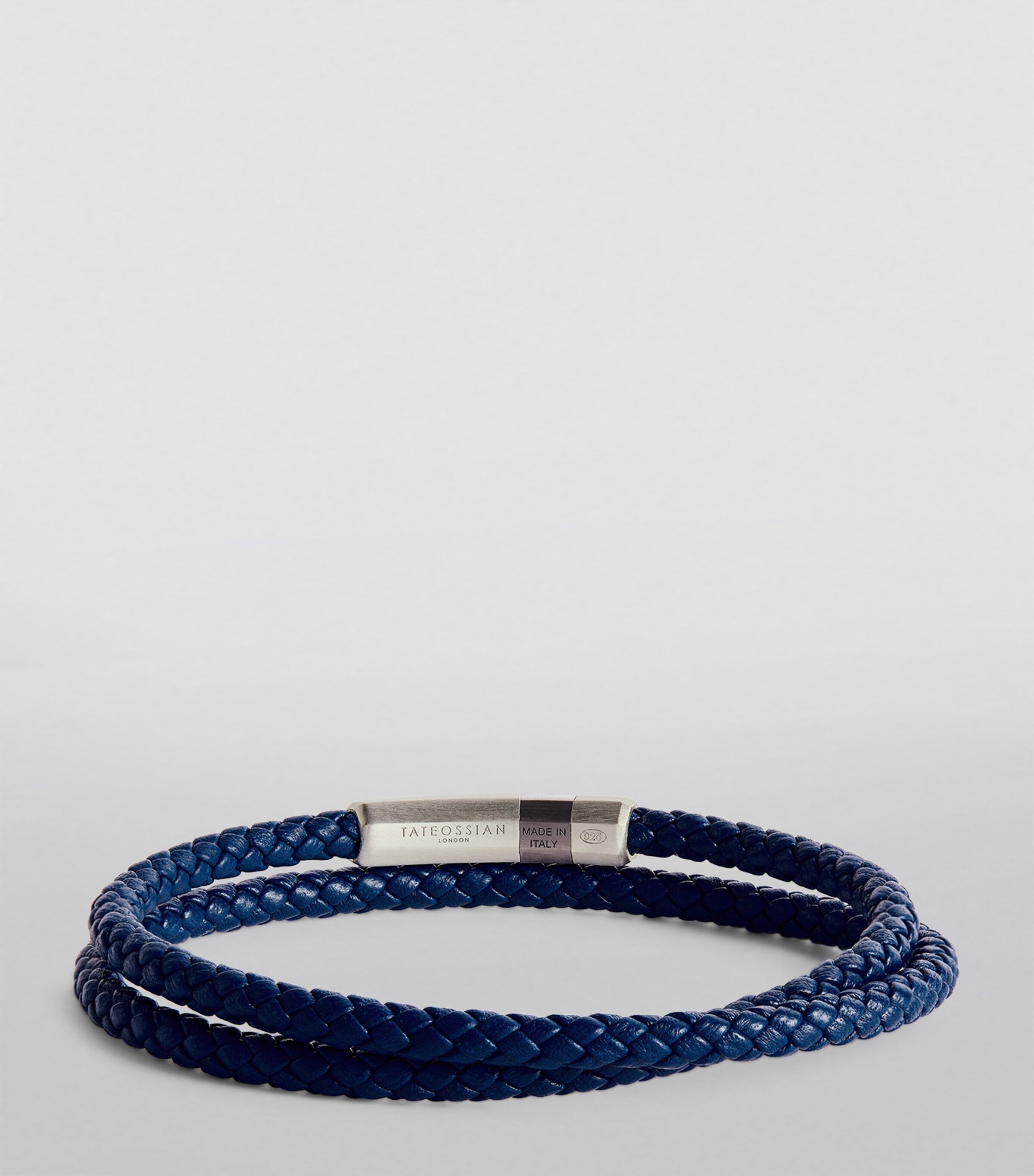 Tateossian Leather Double-Wrap Braided Bracelet Silver/ Blue Image 2