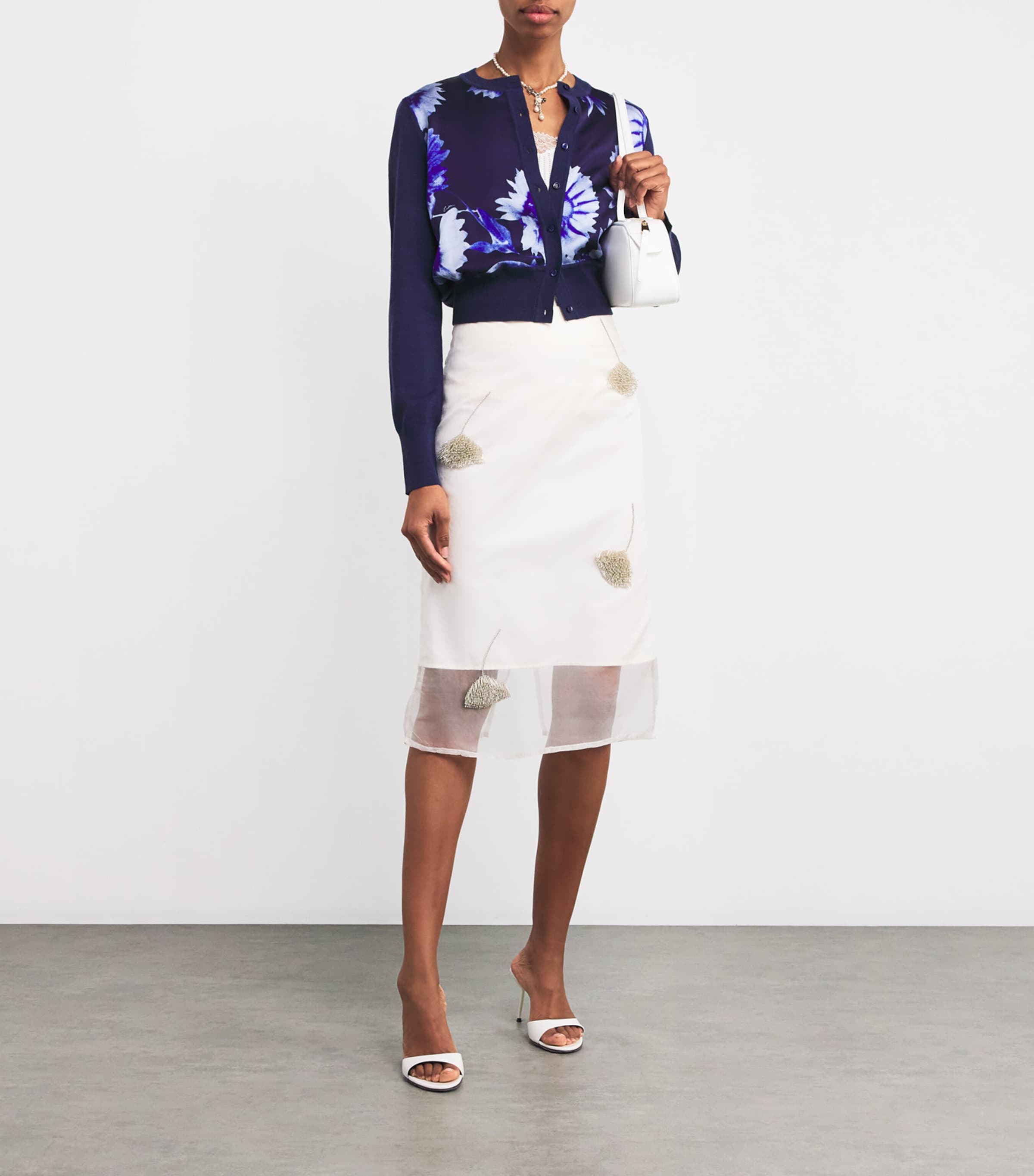 Erdem Womens Cropped Printed Panel Cardigan Navy + Indigo Image 2