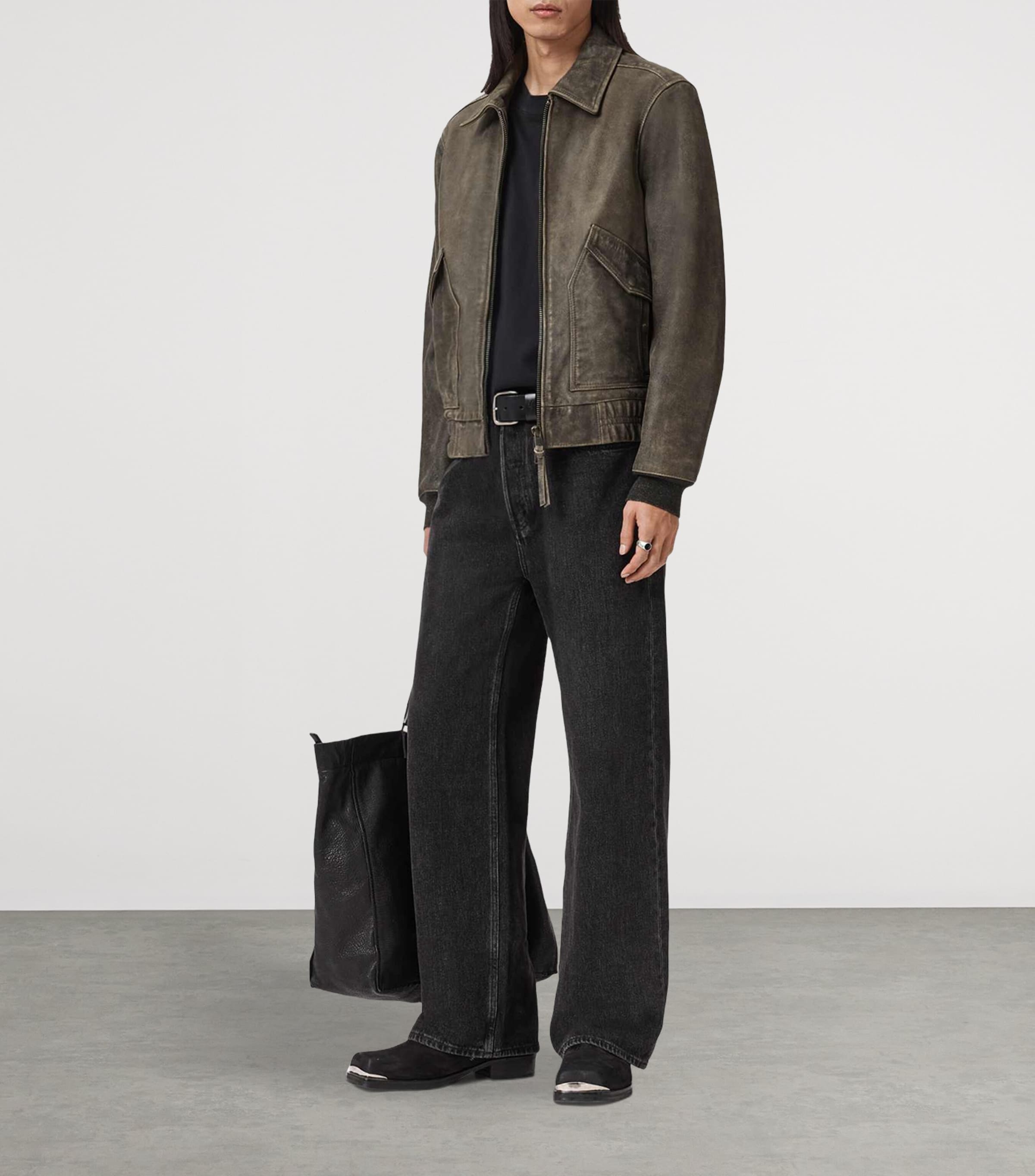 AllSaints Mens Marland Aviator Leather Jacket Black Beige Image 6