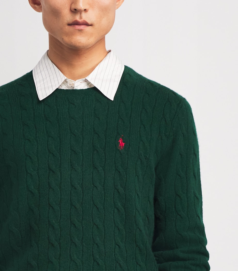 Wool-Cashmere Cable-Knit Polo Pony Sweater GREEN Image 6