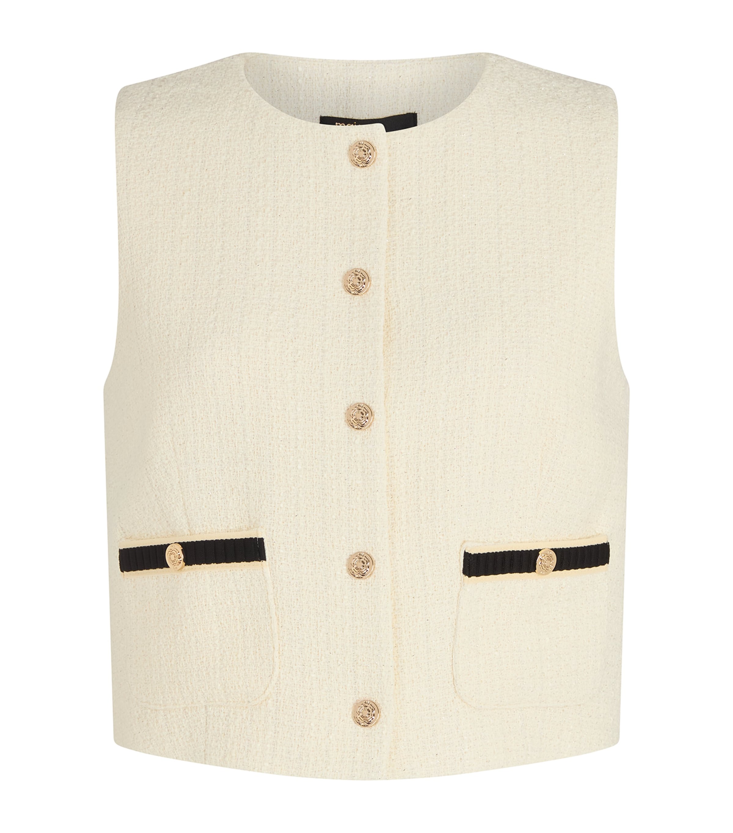 Maje Womens Ecru Contrast-trim Short Sleeveless Tweed Top In White