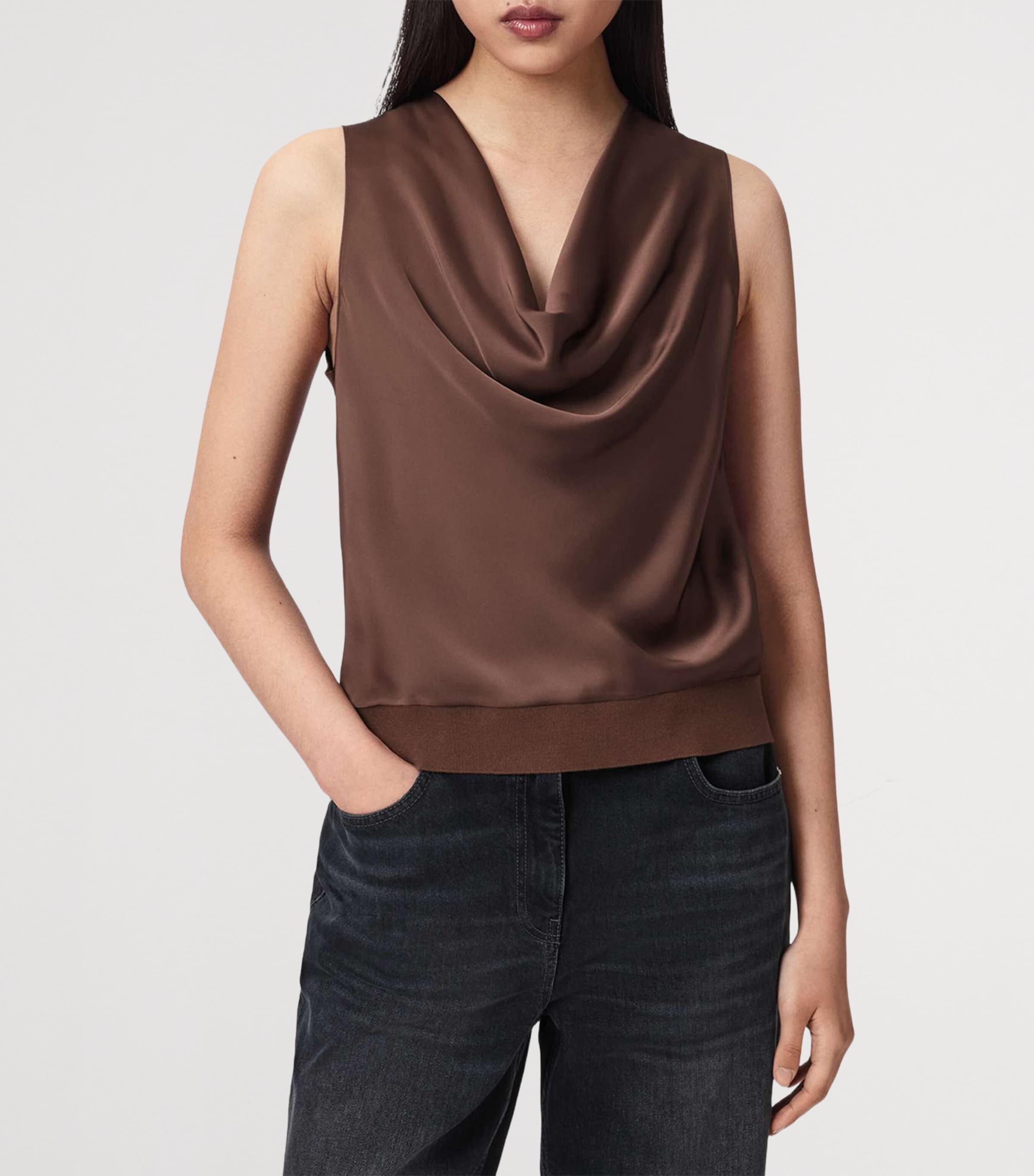 AllSaints Brown Satin Cowl-Neck Zoey Tank Top | Harrods UK