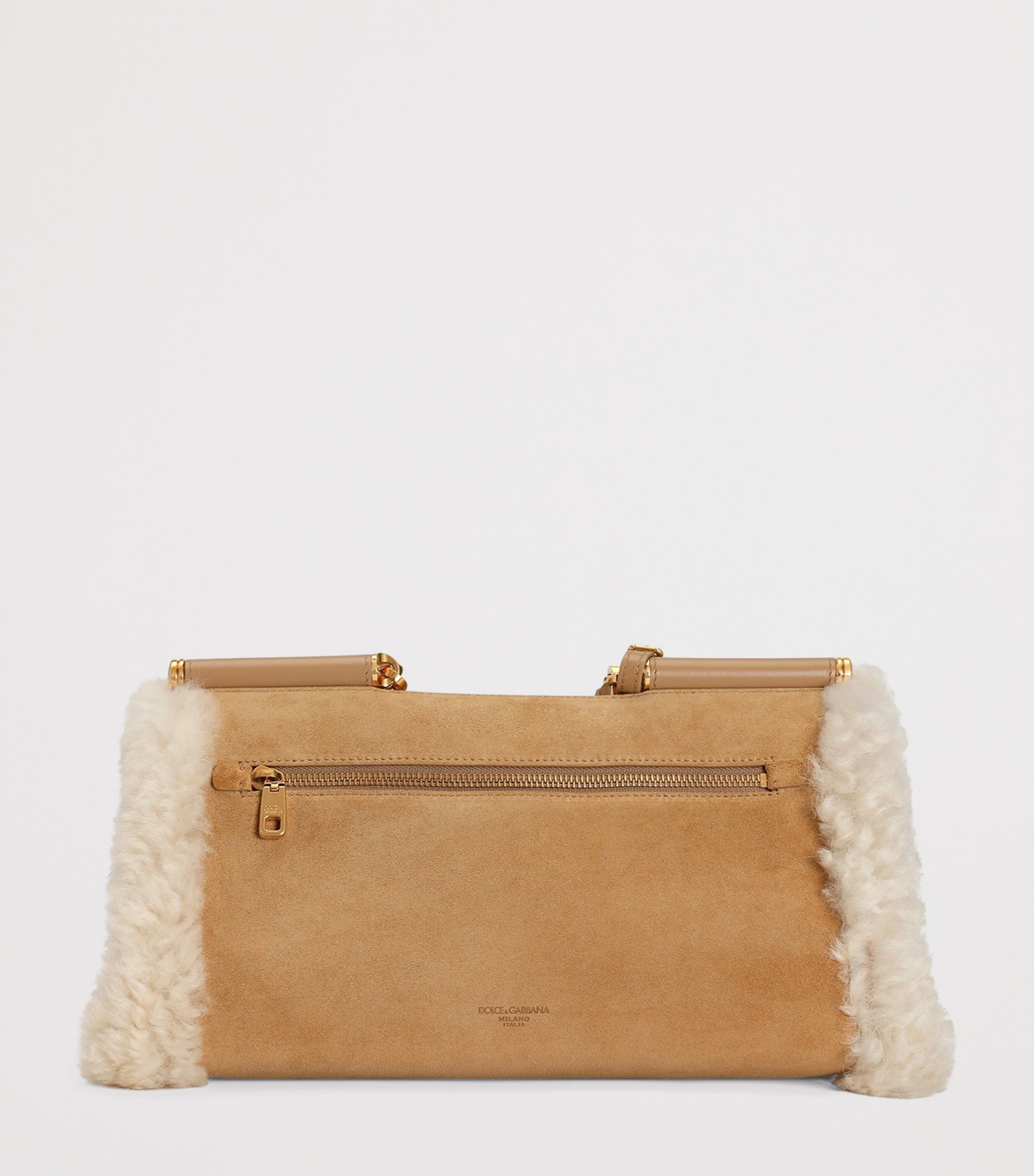 Calfskin Fur-Trim My Sicily Top-Handle Bag 8L798-CAMMELLO/NUDO Image 5