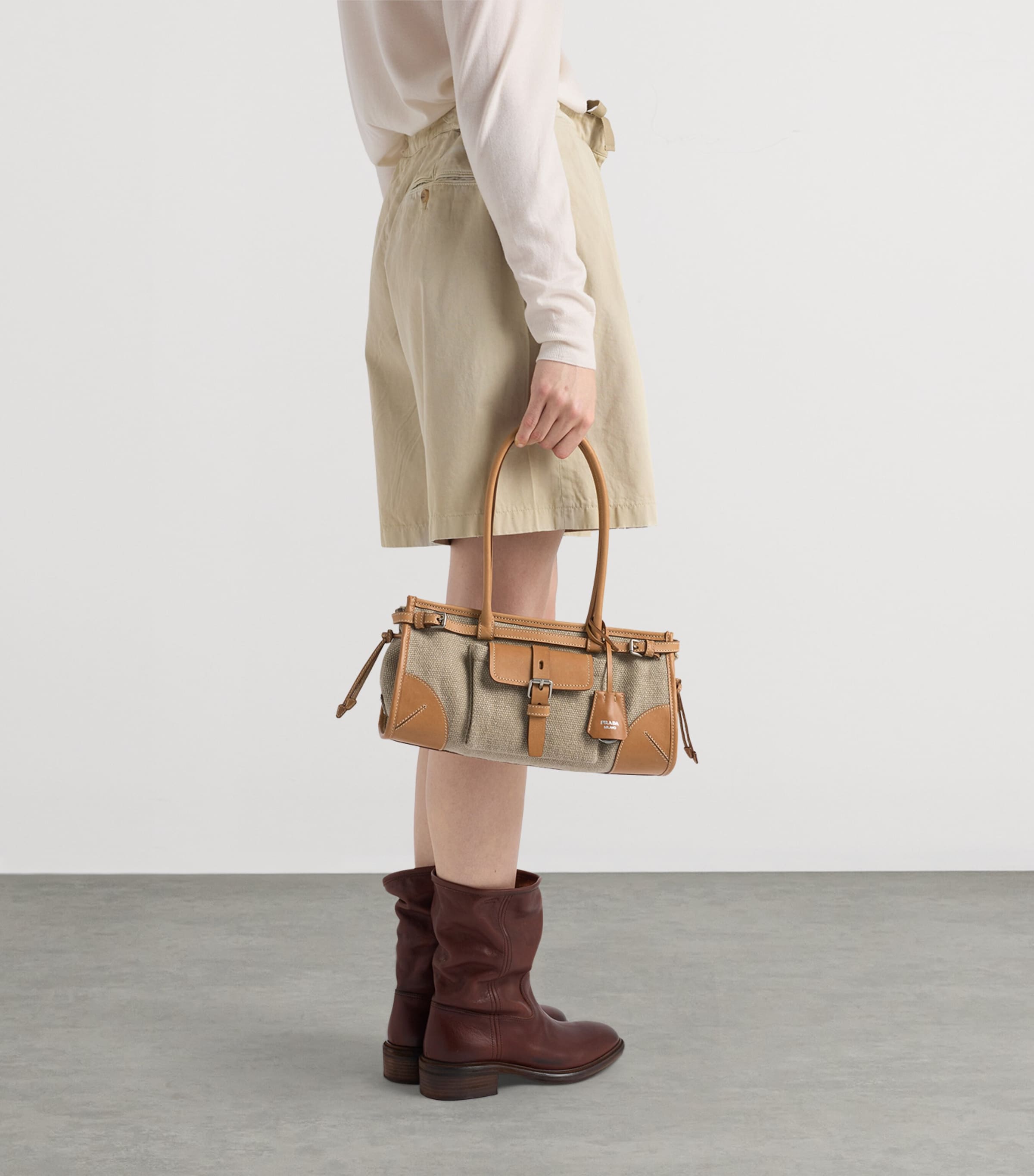 Prada Womens Small Linen-Leather Bonnie Top-Handle Bag Neutral Image 7