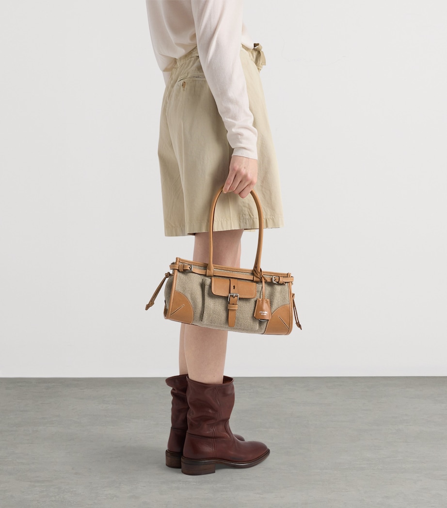 Prada Womens Small Linen-Leather Bonnie Top-Handle Bag Neutral Image 7