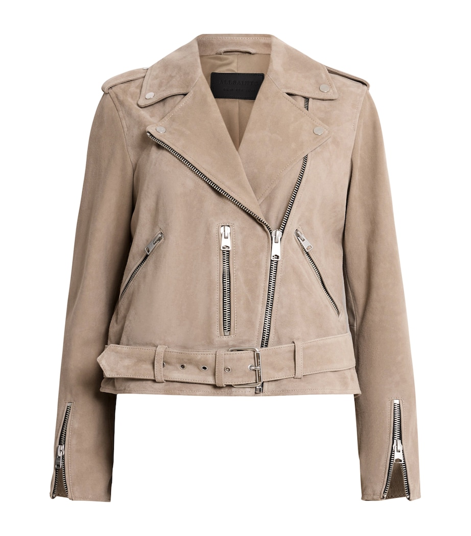 AllSaints Womens Suede Balfern Biker Jacket Warm Taupe Grey Image 1