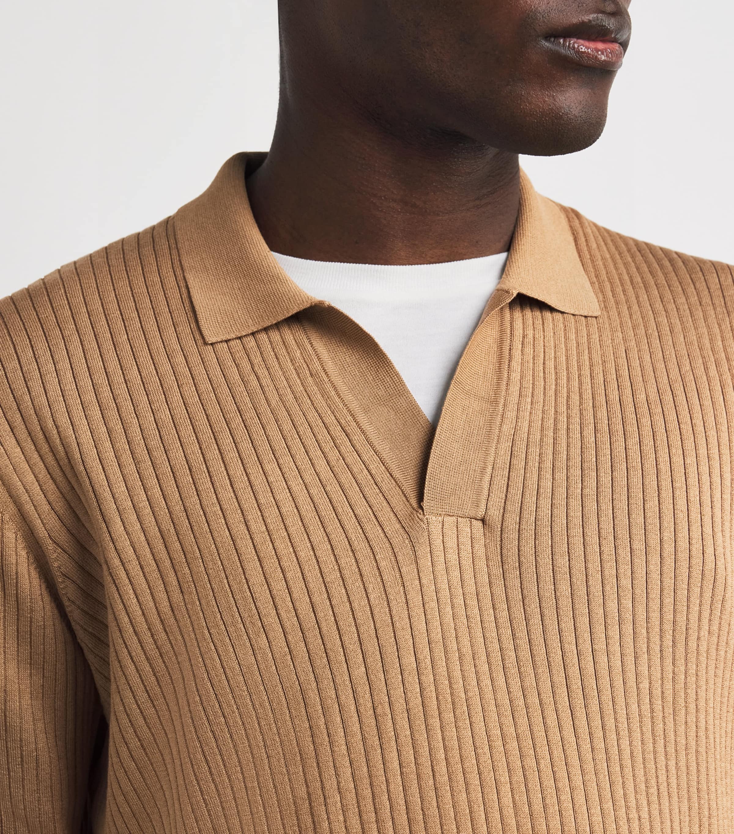 Sunspel Mens Silk-Cotton Rib-Knit Polo Shirt Brfz Dune Image 6
