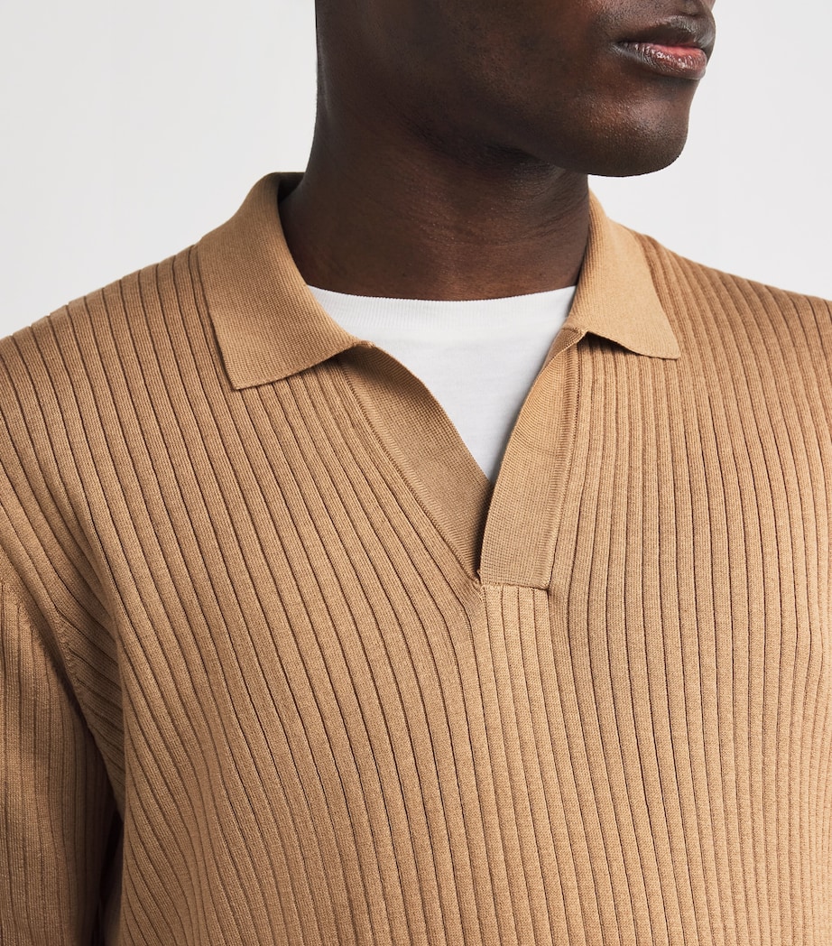Silk-Cotton Rib-Knit Polo Shirt BRFZ-DUNE Image 6