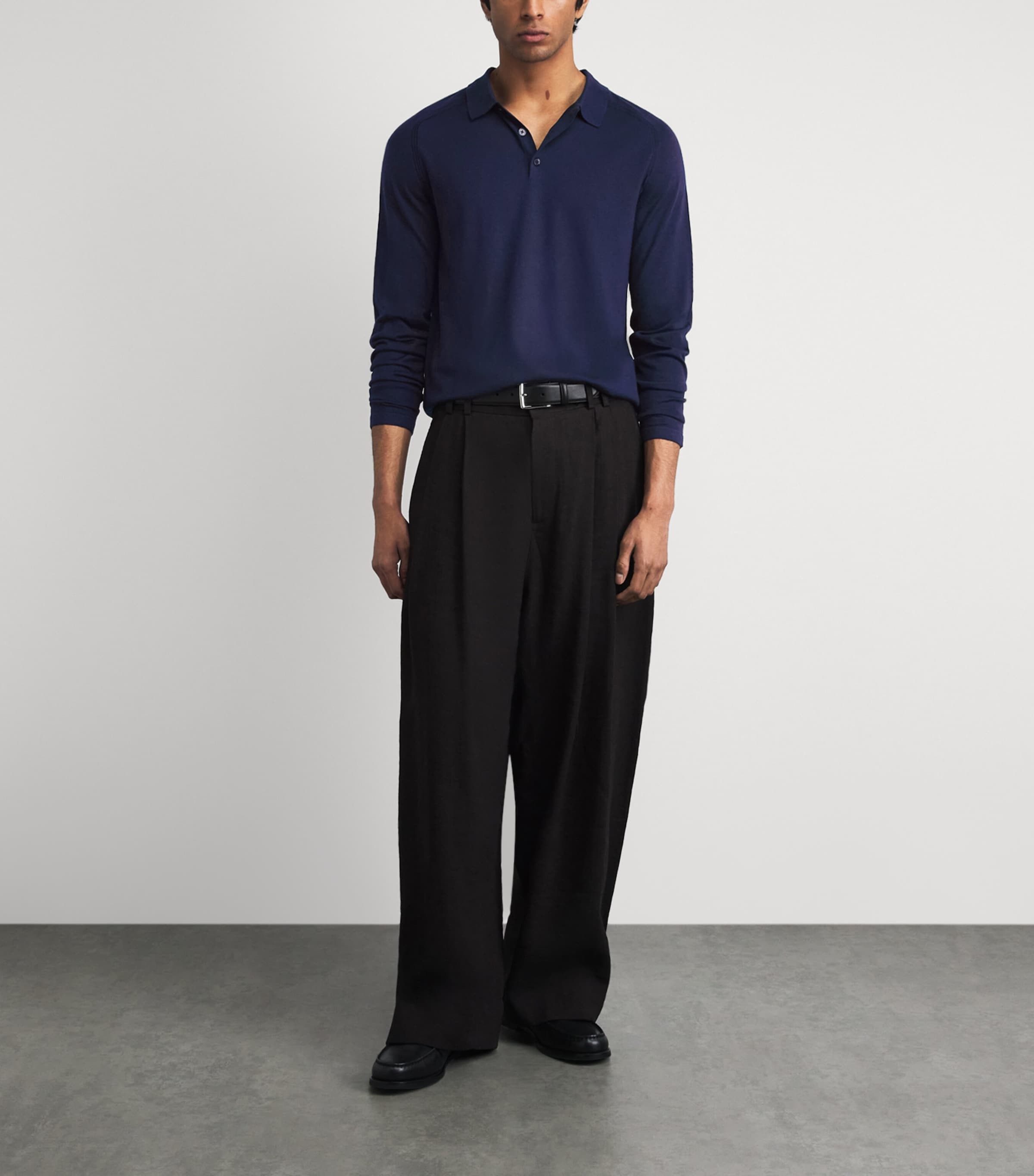 Falke Mens Wool Long-Sleeve Polo Shirt Space Blue Image 2