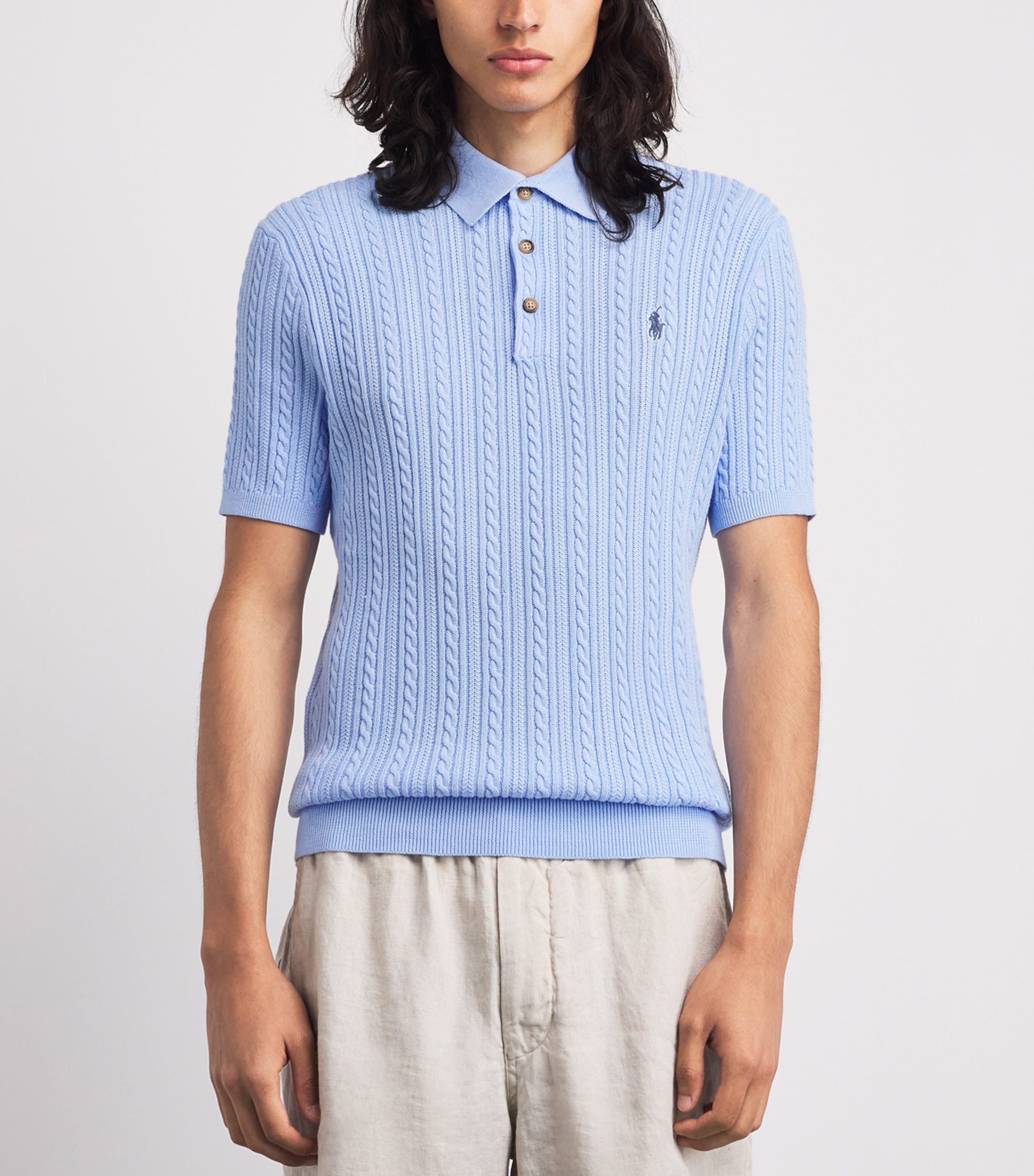 Polo Ralph Lauren Mens Cable Knit Polo Shirt Office Blue Image 4