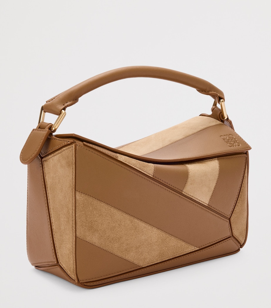 Small Leather Stripe Puzzle Edge Top-Handle Bag OAK Image 2