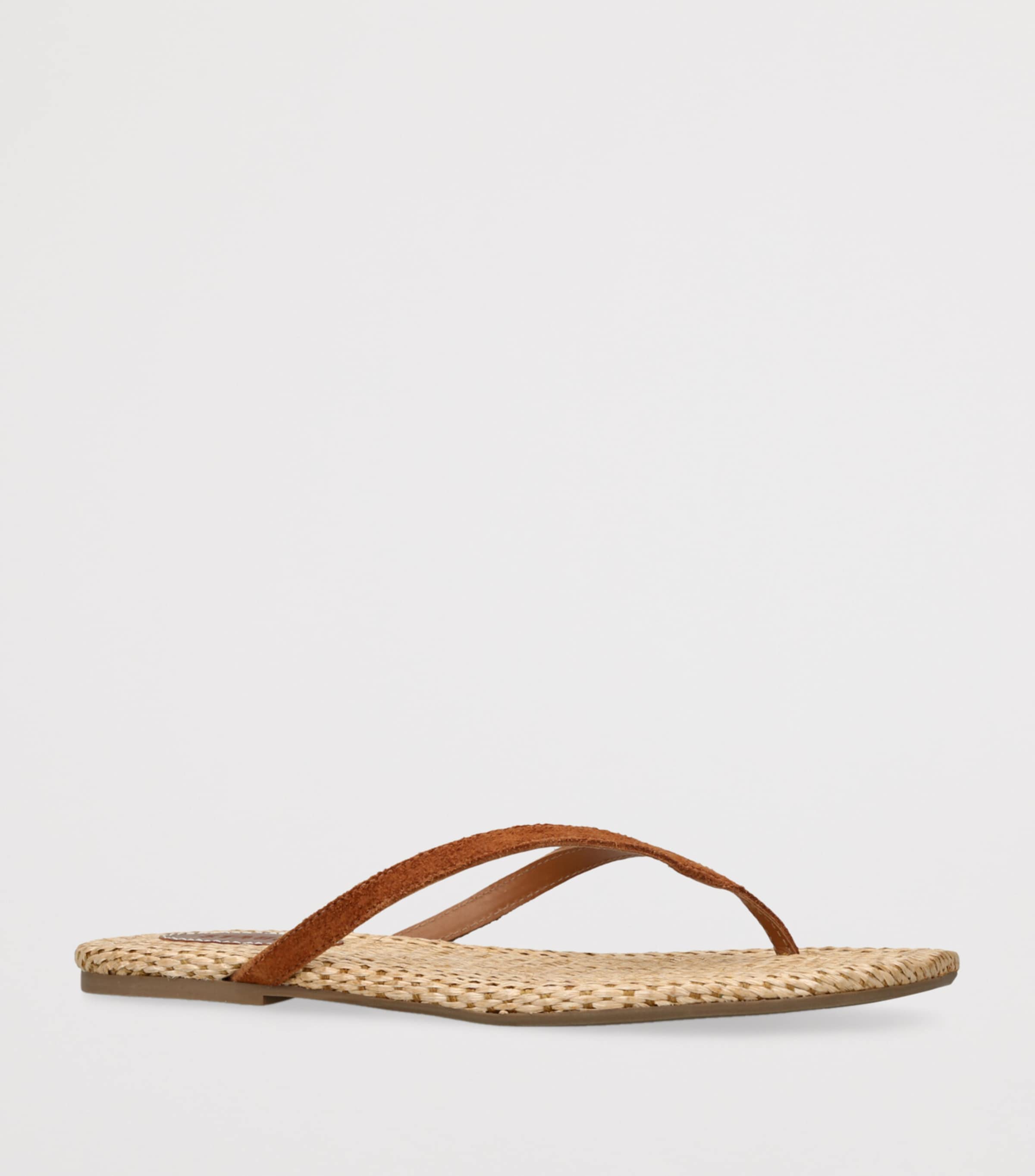 STAUD Suede-Raffia Freja Thong Flip Flops Tan Comb Image 3