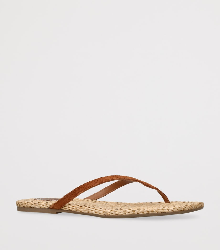 STAUD Suede-Raffia Freja Thong Flip Flops Tan Comb Image 3