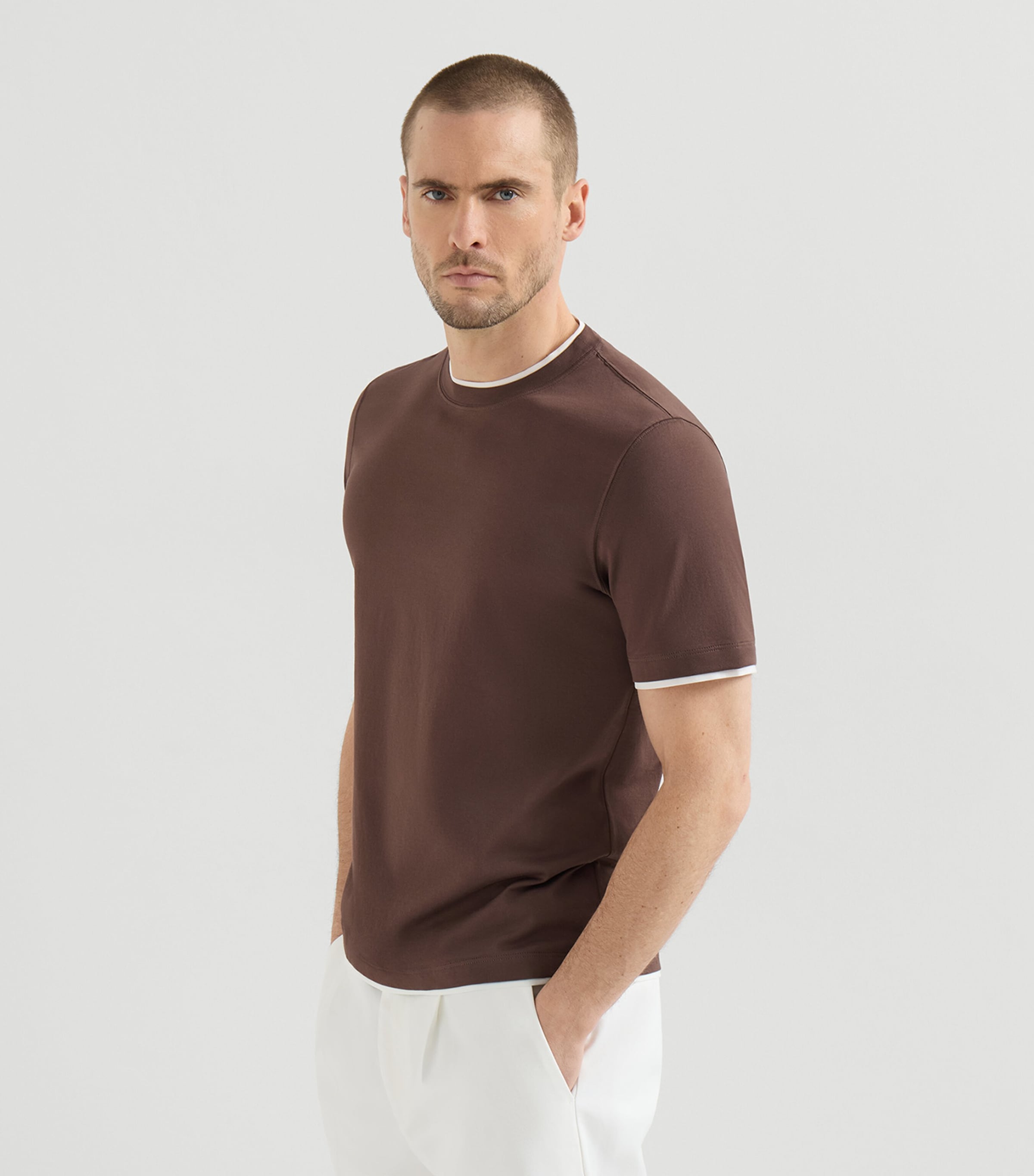 Brunello Cucinelli Mens Cotton Faux-Layer T-Shirt Brown+white Image 4