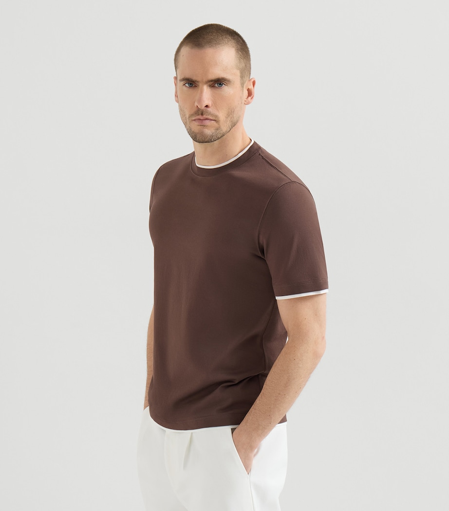 Brunello Cucinelli Mens Cotton Faux-Layer T-Shirt Brown+white Image 4