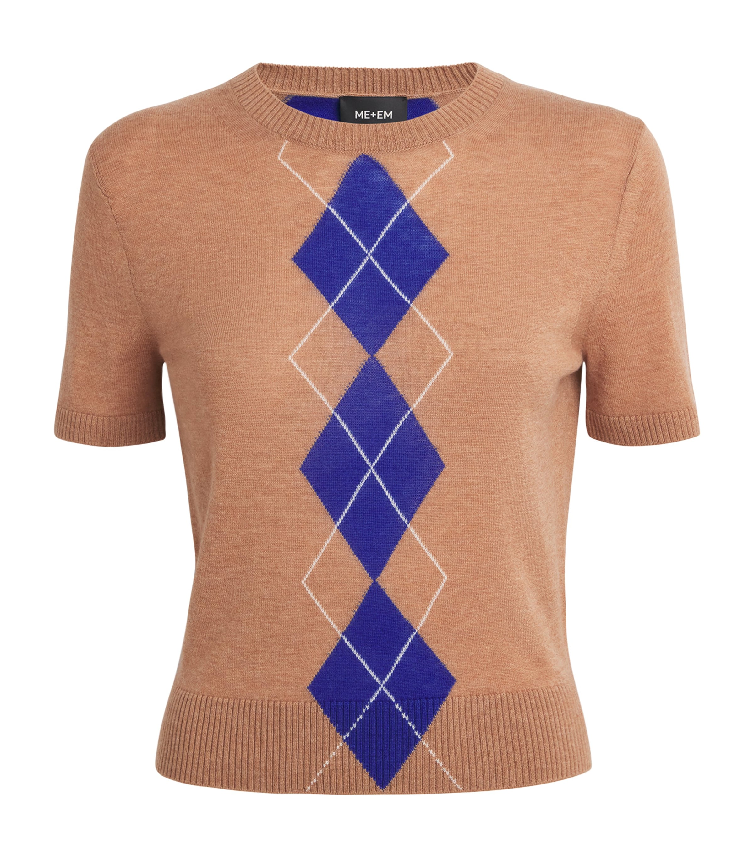 ME+EM Womens Wool-Cashmere Argyle T-Shirt Camel/deep Blue Image 1