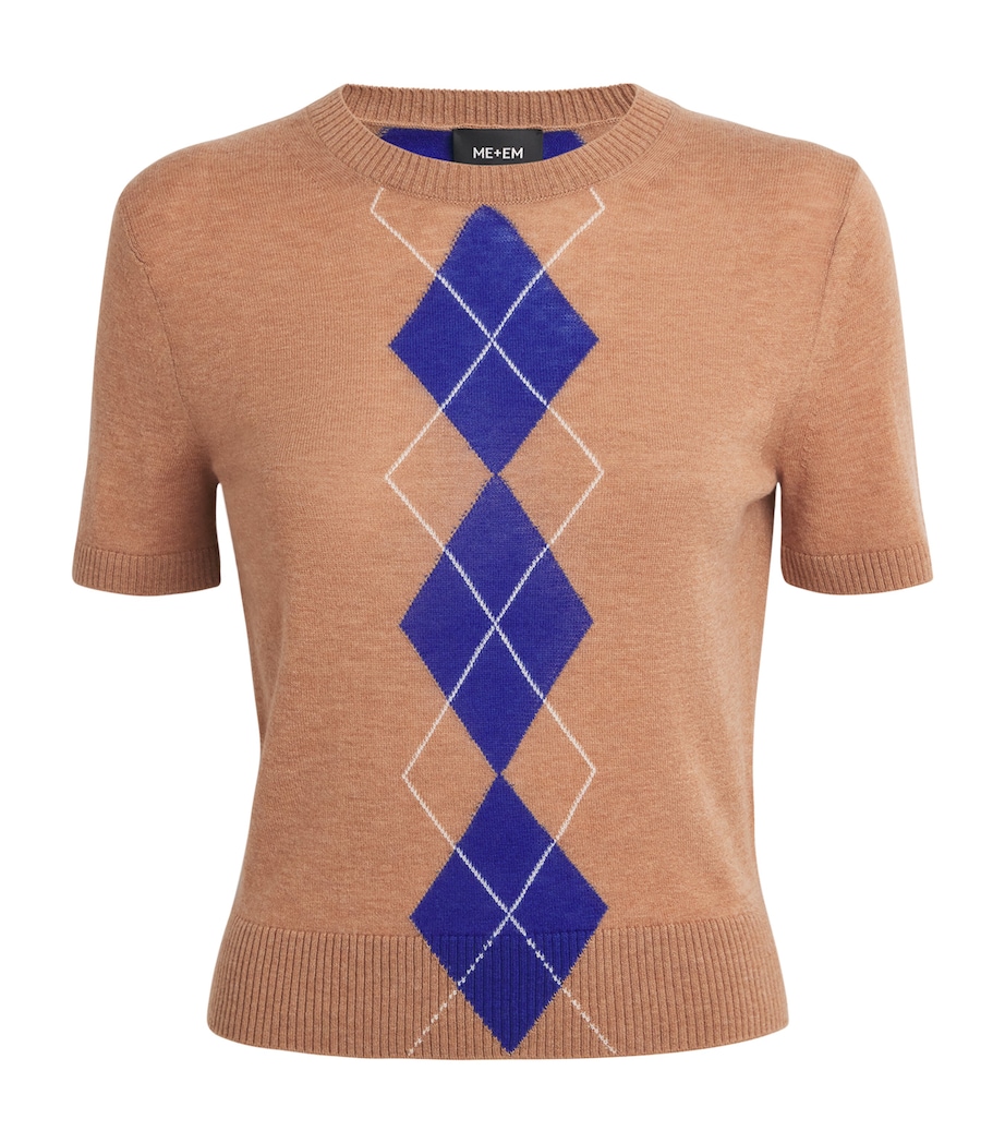 ME+EM Womens Wool-Cashmere Argyle T-Shirt Camel/deep Blue Image 1